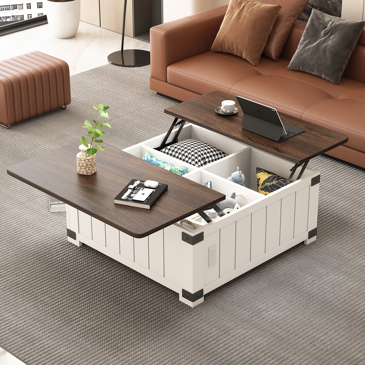 GZMR GZ-W75784 Farmhouse Lift Top Coffee Table with Storage Brown Wood Farmhouse Coffee Table with Storage