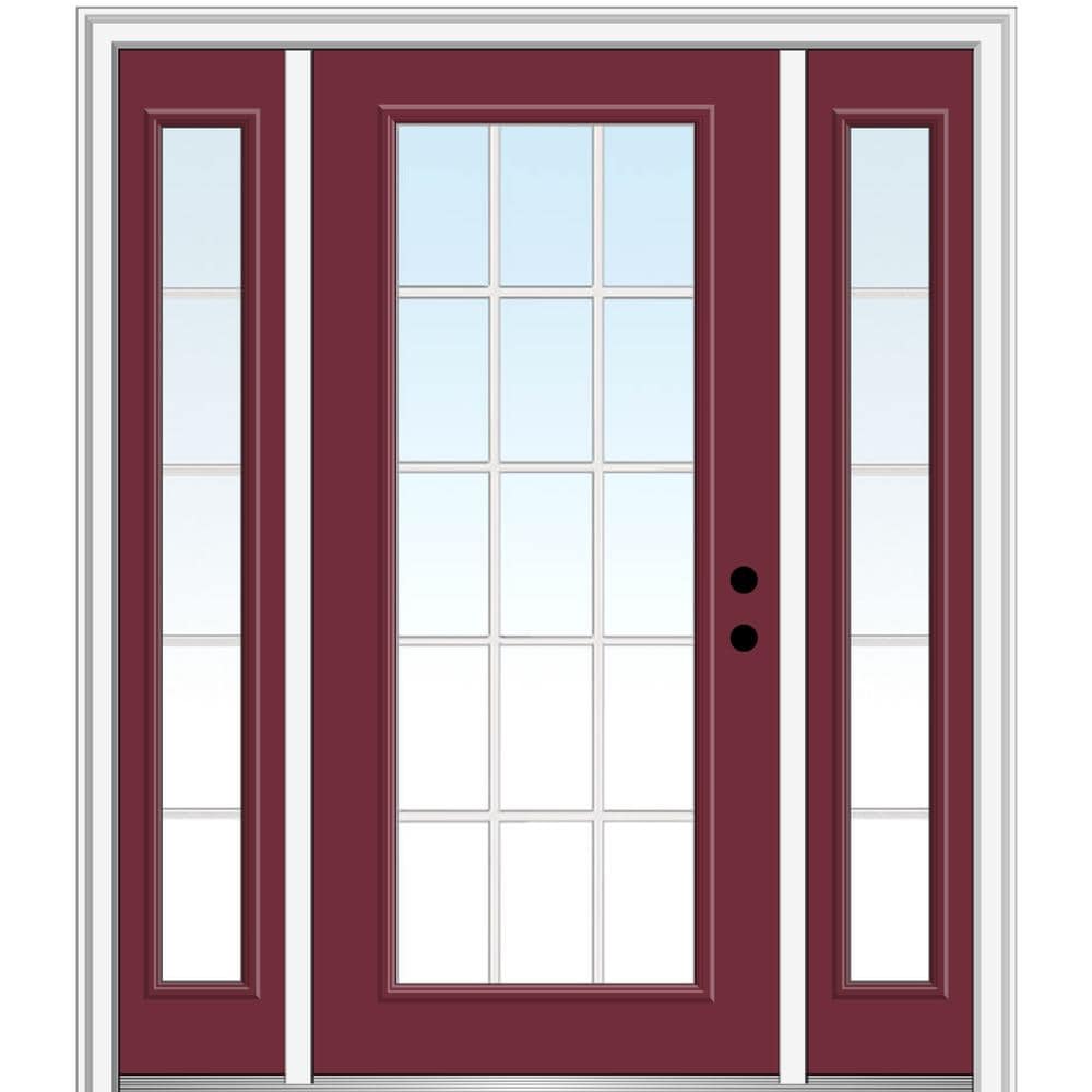 MMI DOOR ZZ05261L 60-in x 80-in x 4-9/16-in Fiberglass Full lite Left-hand inswing Burgundy Painted Prehung Front Door with Sidelights with Brickmould Insulating core with Grilles
