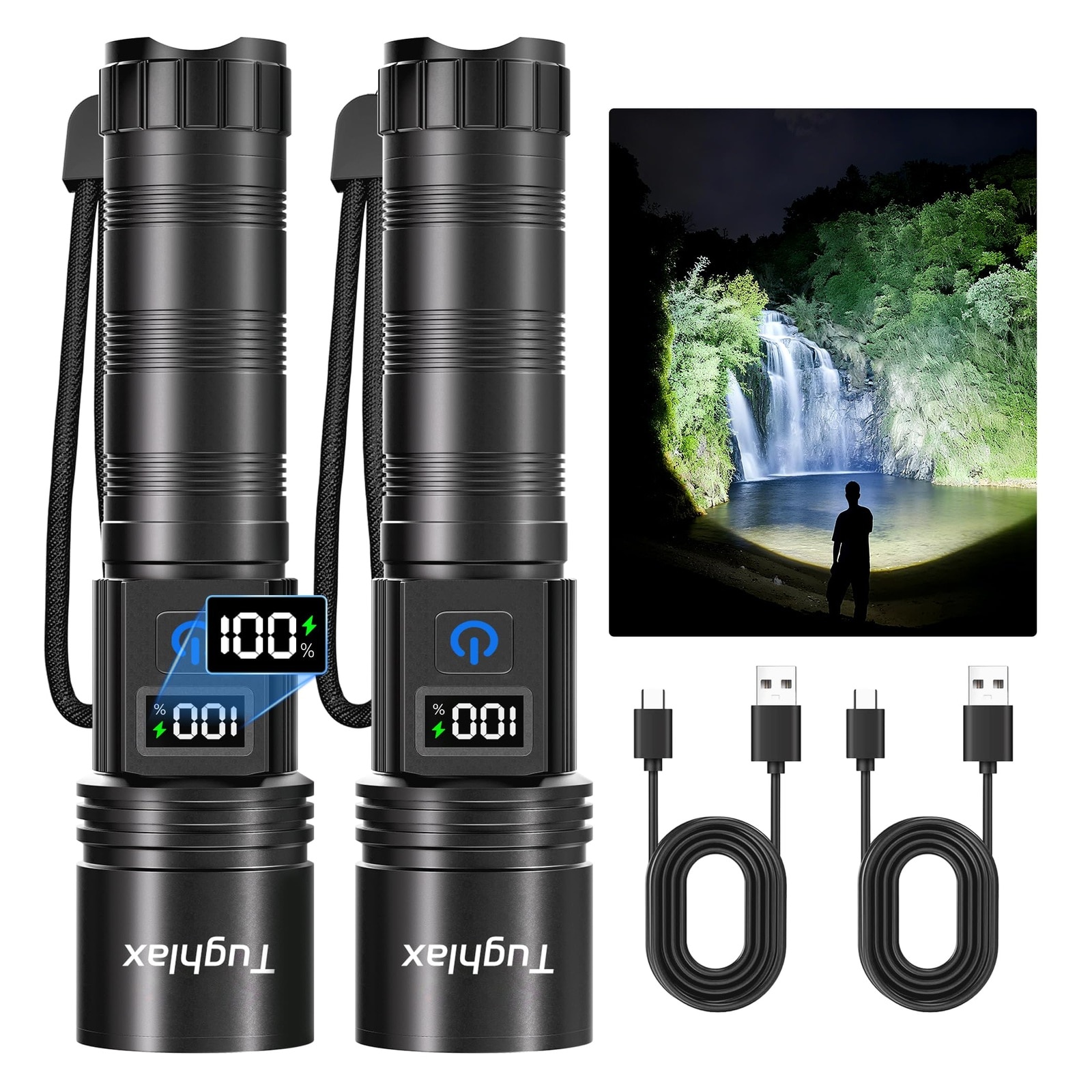 DYRCJ  LED renewable power Flashlight High Lumens 2 Pack Zoomable Powerful Flashlight with LCD Digital Display Five Modes Waterproof for