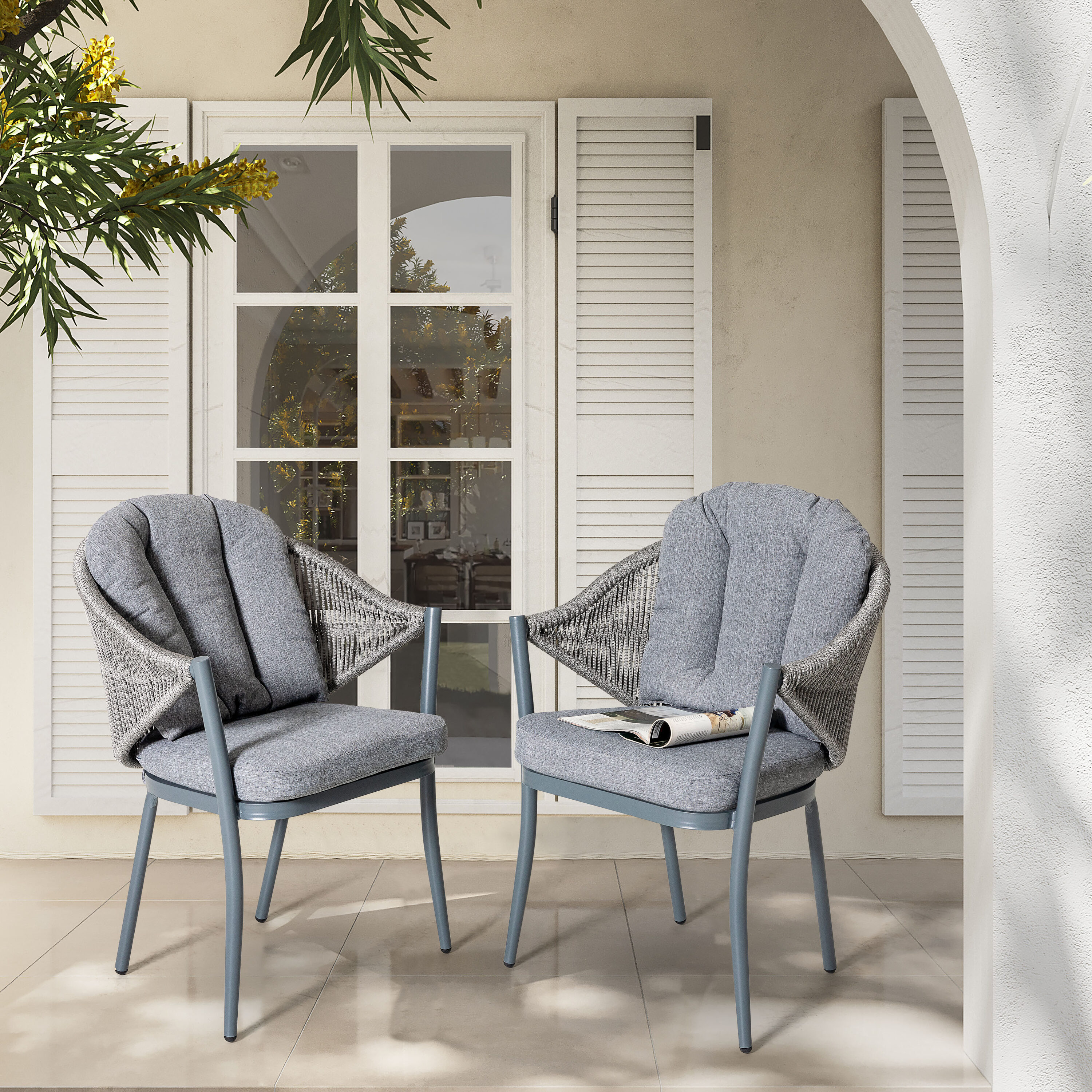 Nuu Garden DW101-HS Set of 2 Woven Grey Aluminum Frame Stationary Conversation Chair with Gray Cushioned Seat