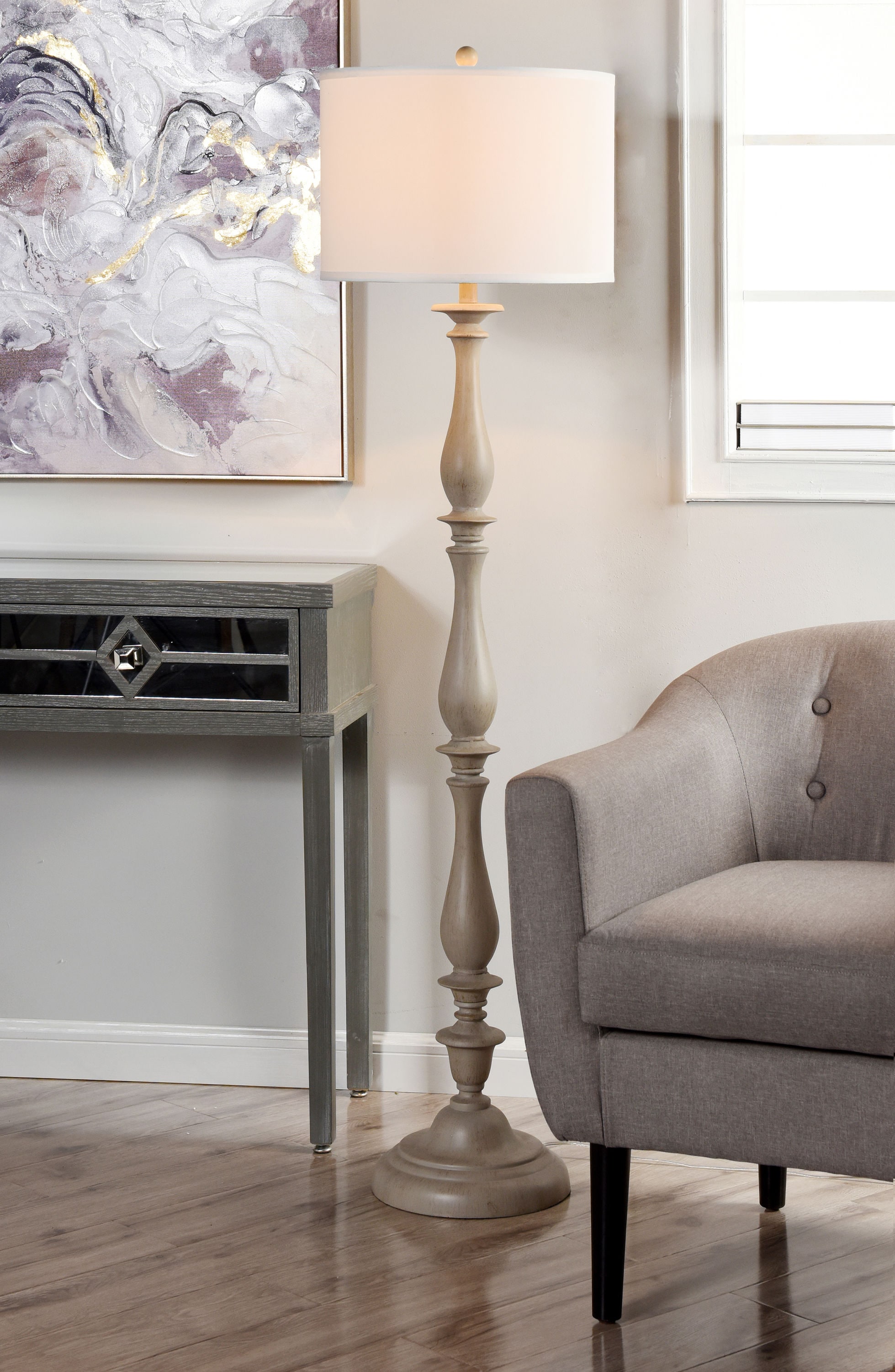 Adjustable White Steel Floor Lamp with Drum Shade