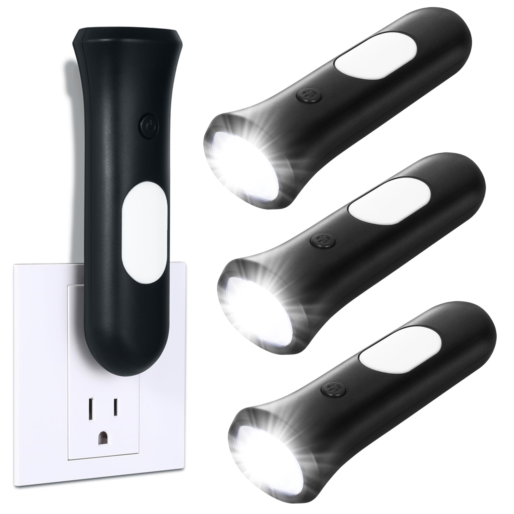 Wudkey 3 Pack Black 4 in 1 Rechargeable Emergency Flashlight Night Lights with Auto Power Failure Activation