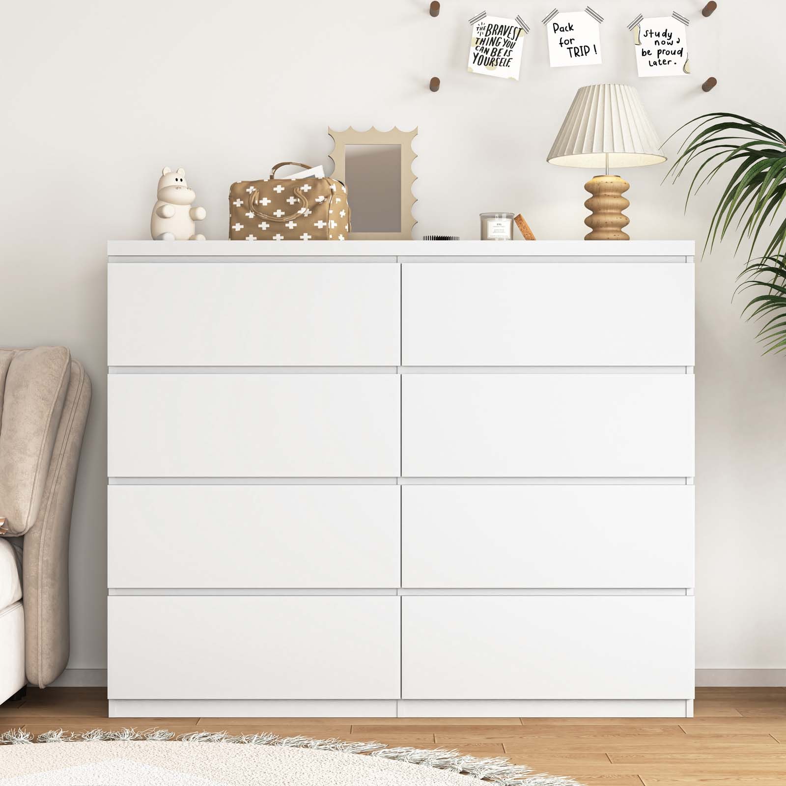 White 8 -Drawer 47.2-in File Cabinet Wood Bedroom Dresser Tall Storage Tower Organizer for Bedroo...