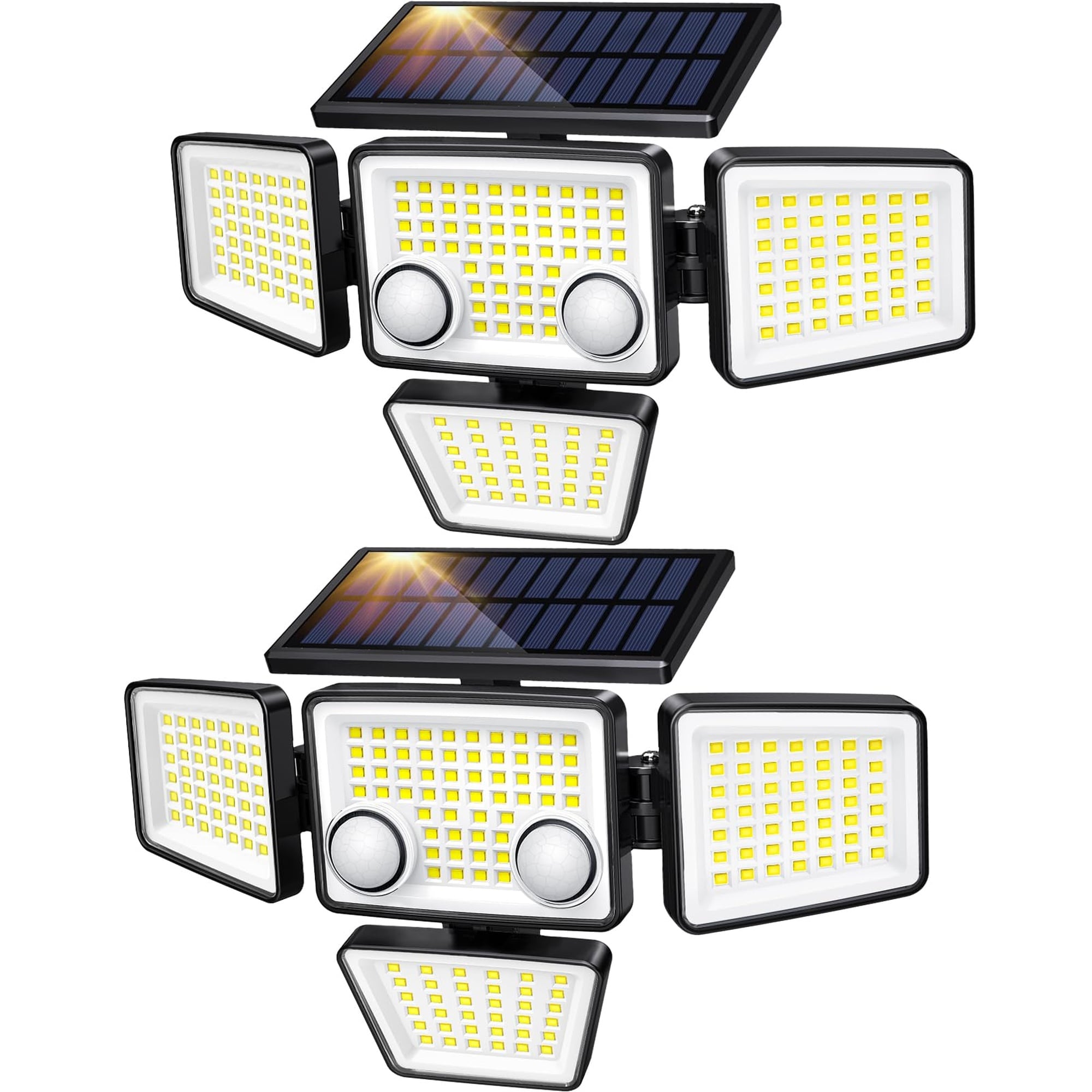 Numhew - 12.6in W 4-Head Black Solar Motion Sensor Flood Wall Light 2-Pack
