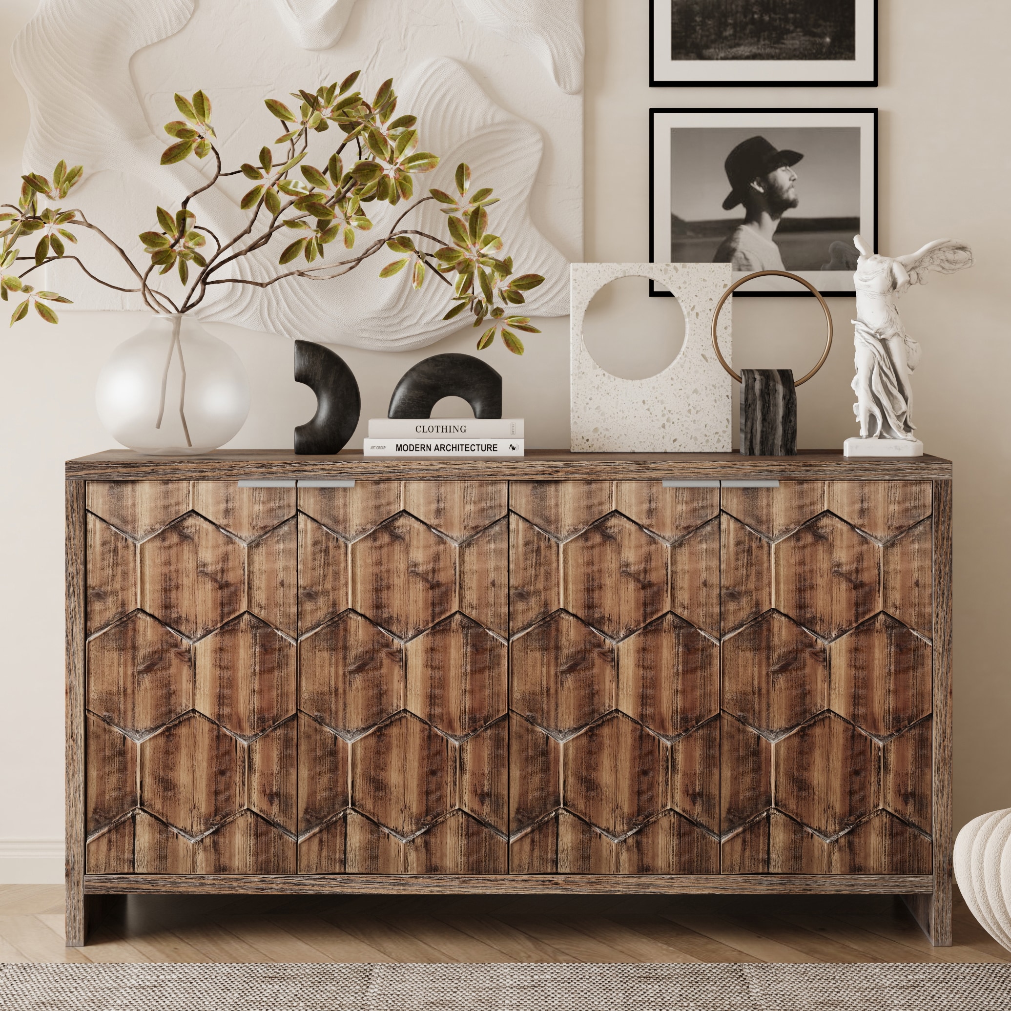 LUXEYARD Accent Cabinet Farmhouse Style Door Wooden Cabinet Sideboard Buffet Server Cabinet Storage Cabinet for Living Room Entryway Hallway Office Kitchen and Dining Room Antique Natural Wood