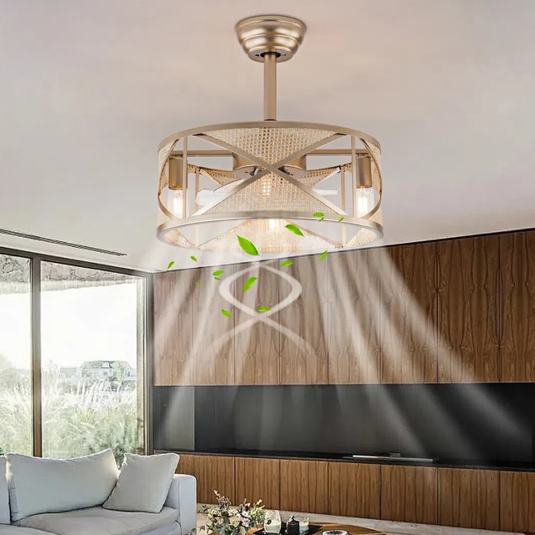 Oukaning HG-HCXLST-3736-US 18-Inches Reverse 6-Speed Champagne-gold Handwoven with ABS Blades Indoor Downrod mount Cage Ceiling Fan Light kit compatible and Remote ( 7 -Blade)