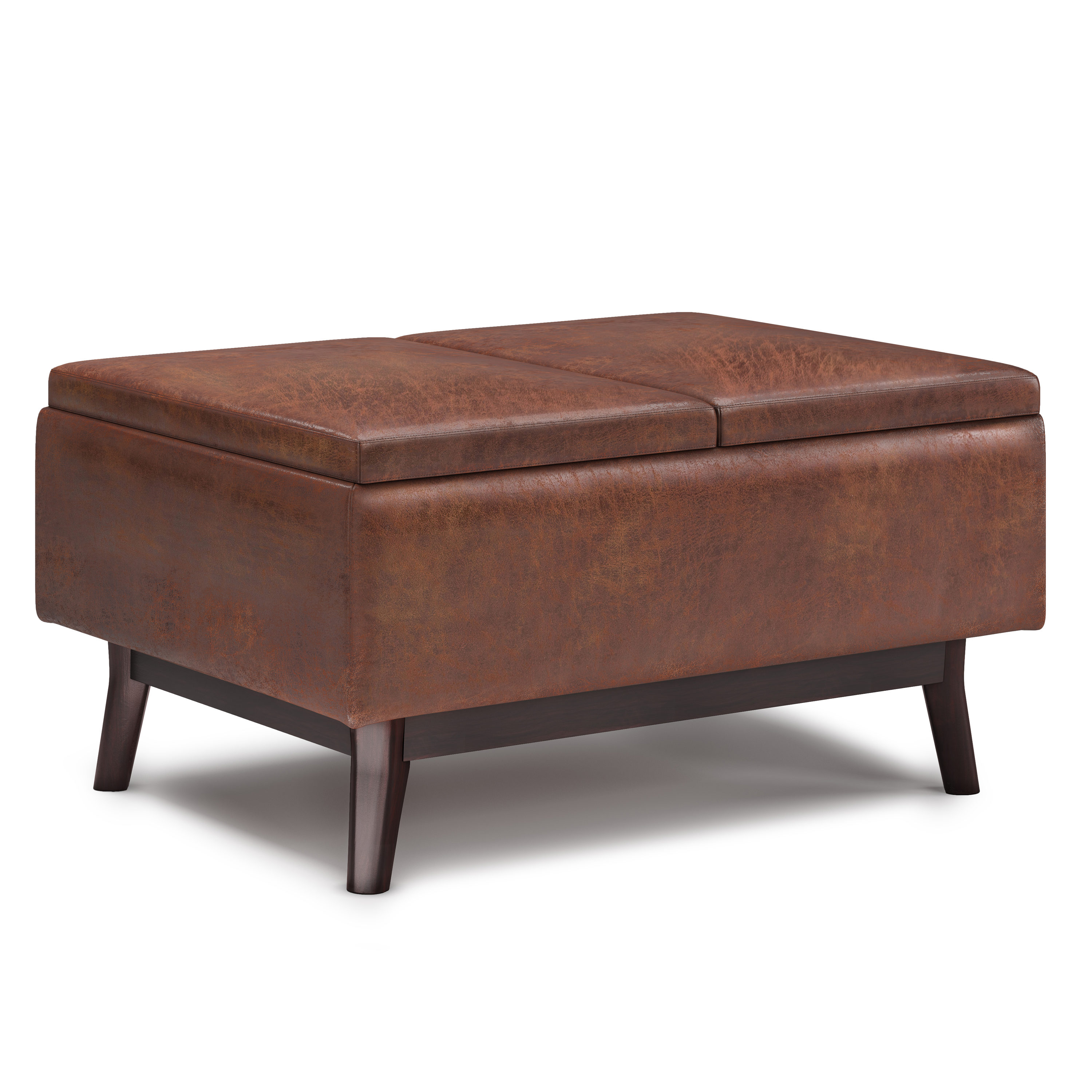 Simpli Home AXCOT267TT-DSB Owen Midcentury Distressed Saddle Brown Faux Leather Storage Ottoman