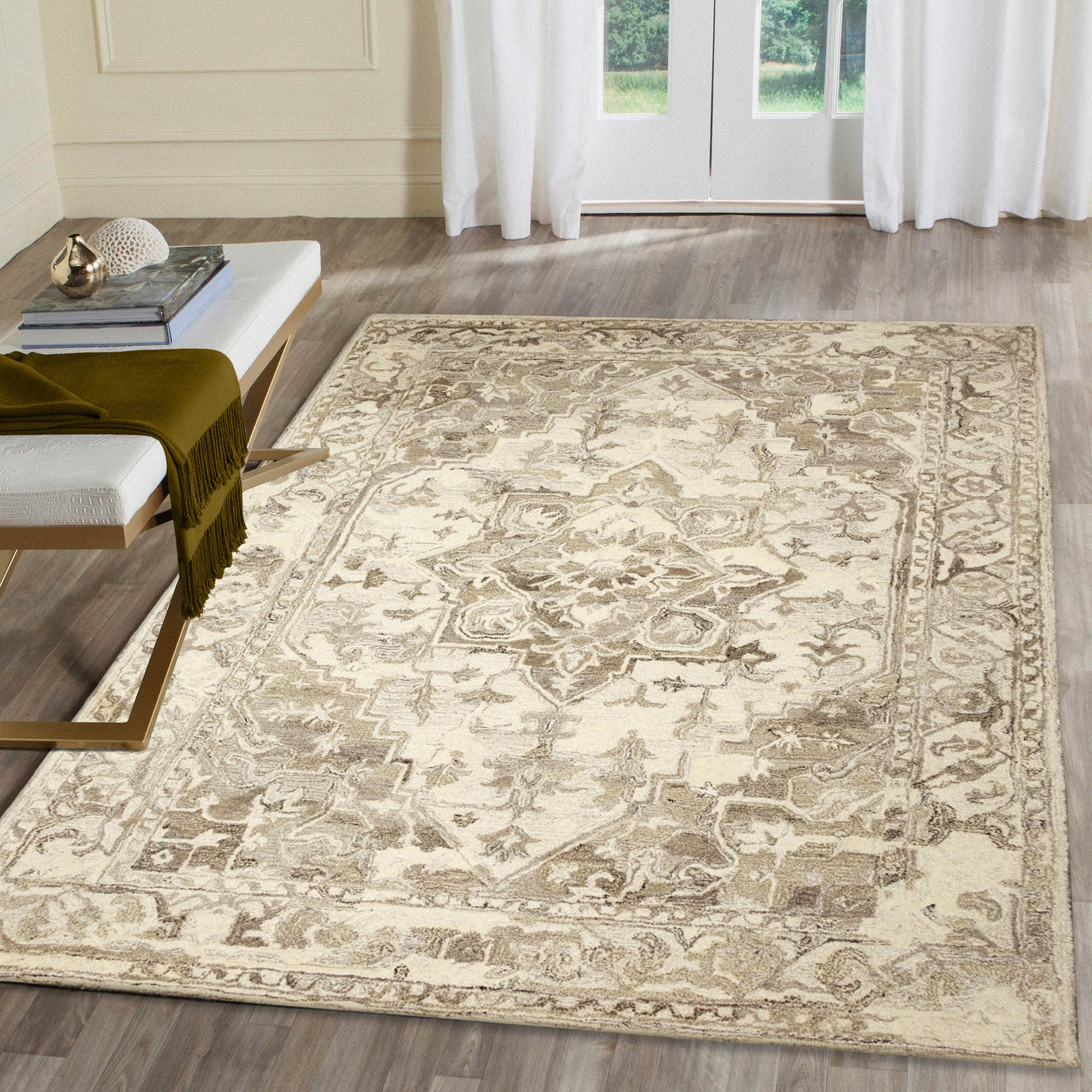 Liora Manne HNA46621412 Hana 4 x 6 (ft) Tufted Wool Natural Rectangular Indoor Medallion Oriental Area rug