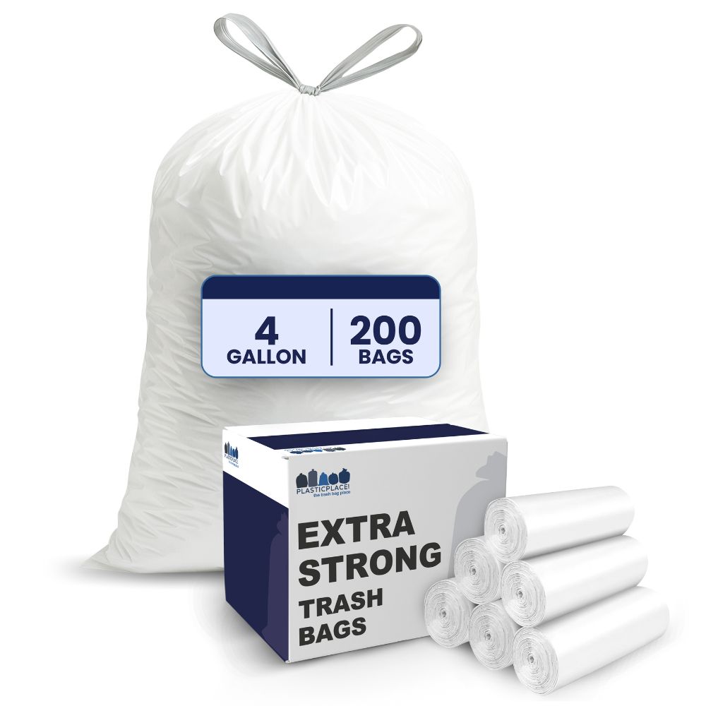 Plasticplace D04072WH 4-Gallon White Indoor Plastic Can Drawstring Trash Bag 200 -Count