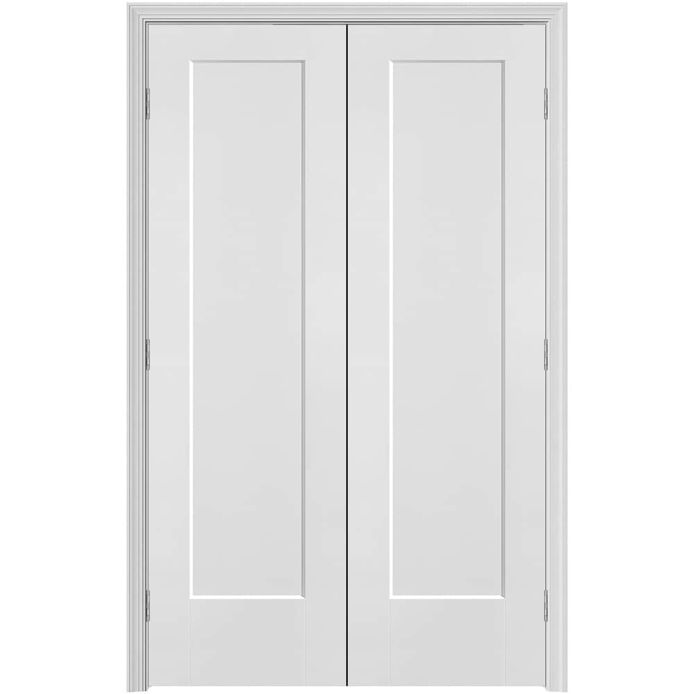 Masonite 640923 48-in x 80-in Primed Hollow core 1-panel Bi-parting Smooth Primed Molded composite Split Jamb Double Prehung Interior Door 376 Casing