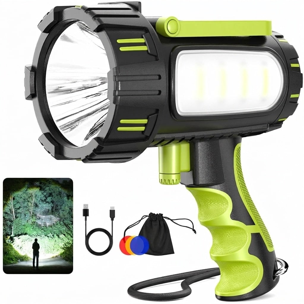 AOIZGMY Rechargeable Spotlight Flashlight 100000 Lumens Handheld LED with 6 Modes 3 Color Lenses Magnetic Switch IP68 Waterproof 1 Piece #LAZ0502E12