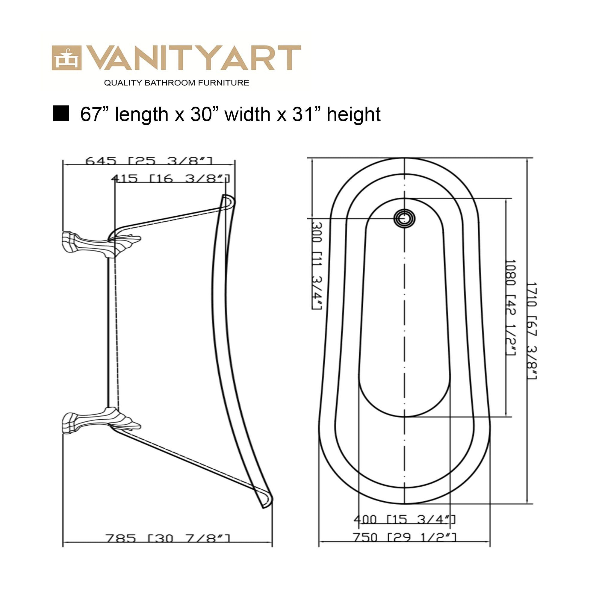 67" White Acrylic Clawfoot Freestanding Bathtub