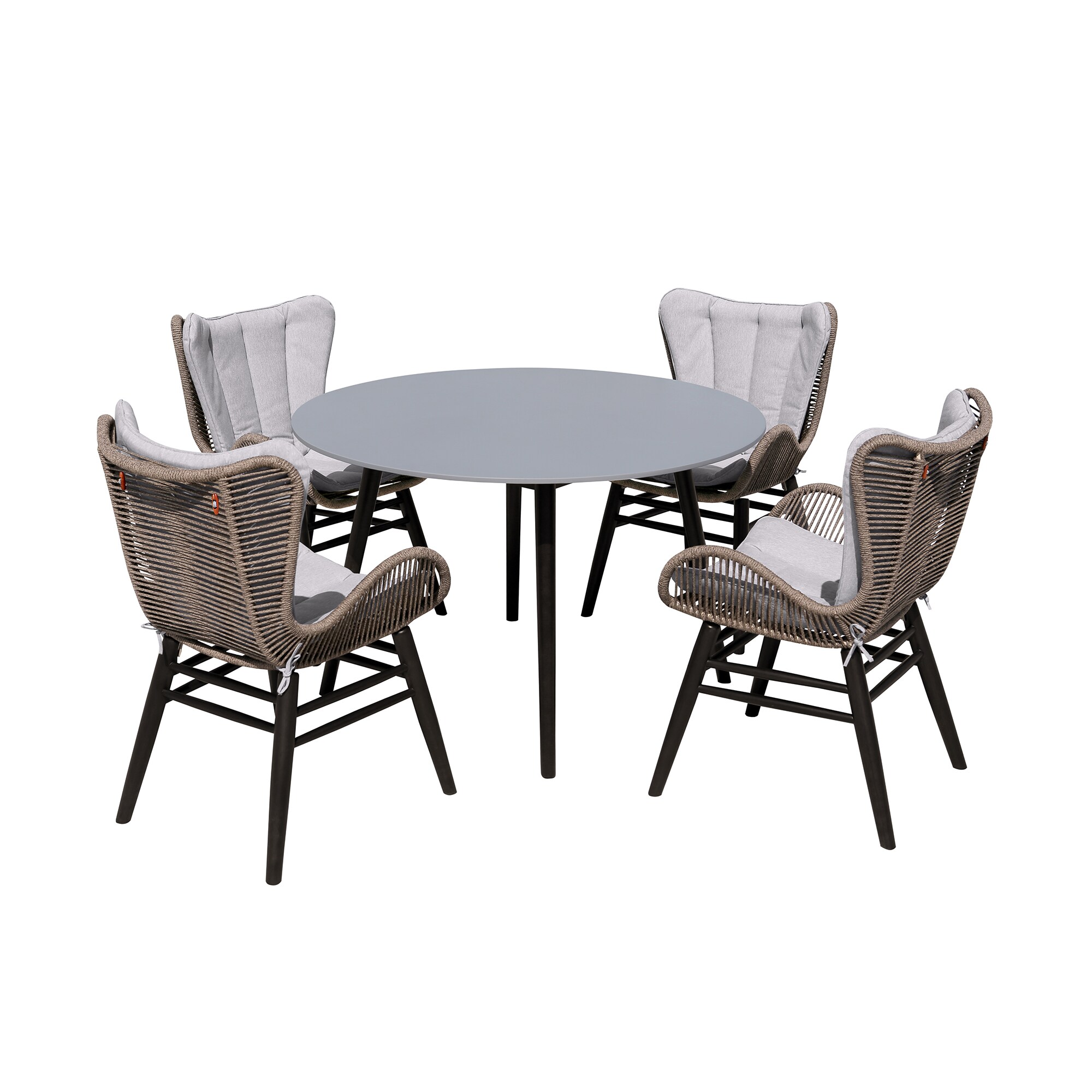 Armen Living 840254335950 Sydney / Fanny 5 -Piece Dark Eucalyptus / Truffle Rope Patio Dining Set Wood Round Table with 4 Gray Cushions Stationary Chairs