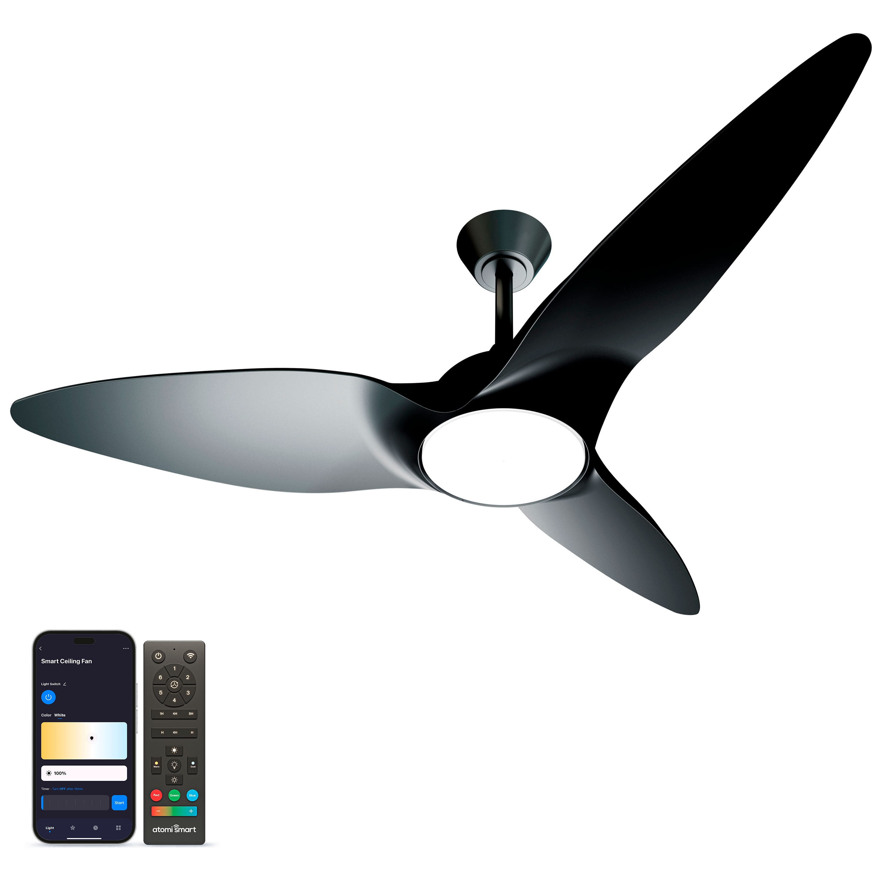 atomi smart AT2005-BB Monarc 52-in Color-Changing Integrated LED Smart Pearl Black with Pearl Black Blades Ceiling Fan With Light - Remote Included ( 3 -Blade )
