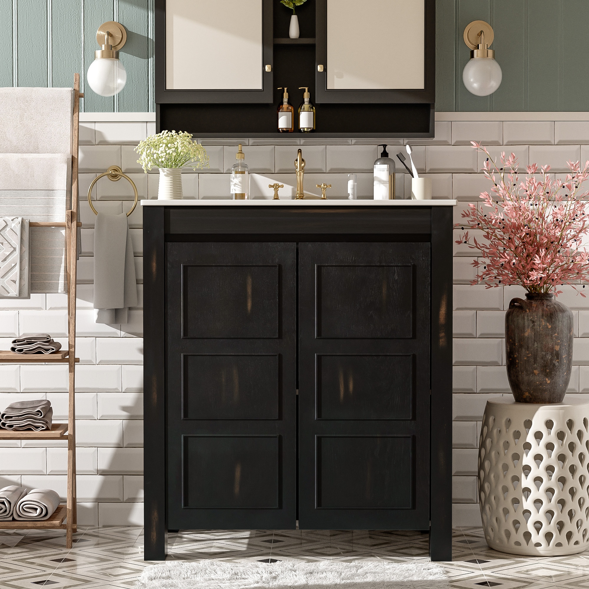 LOVMOR SF-M-N729P290712P 30inch Rustic Bathroom Vanity with Ceramic Sink Soft Close Doors Adjustable Shelf Espresso Storage Cabinet Modern Wood Frame Ample Space Easy to Clean