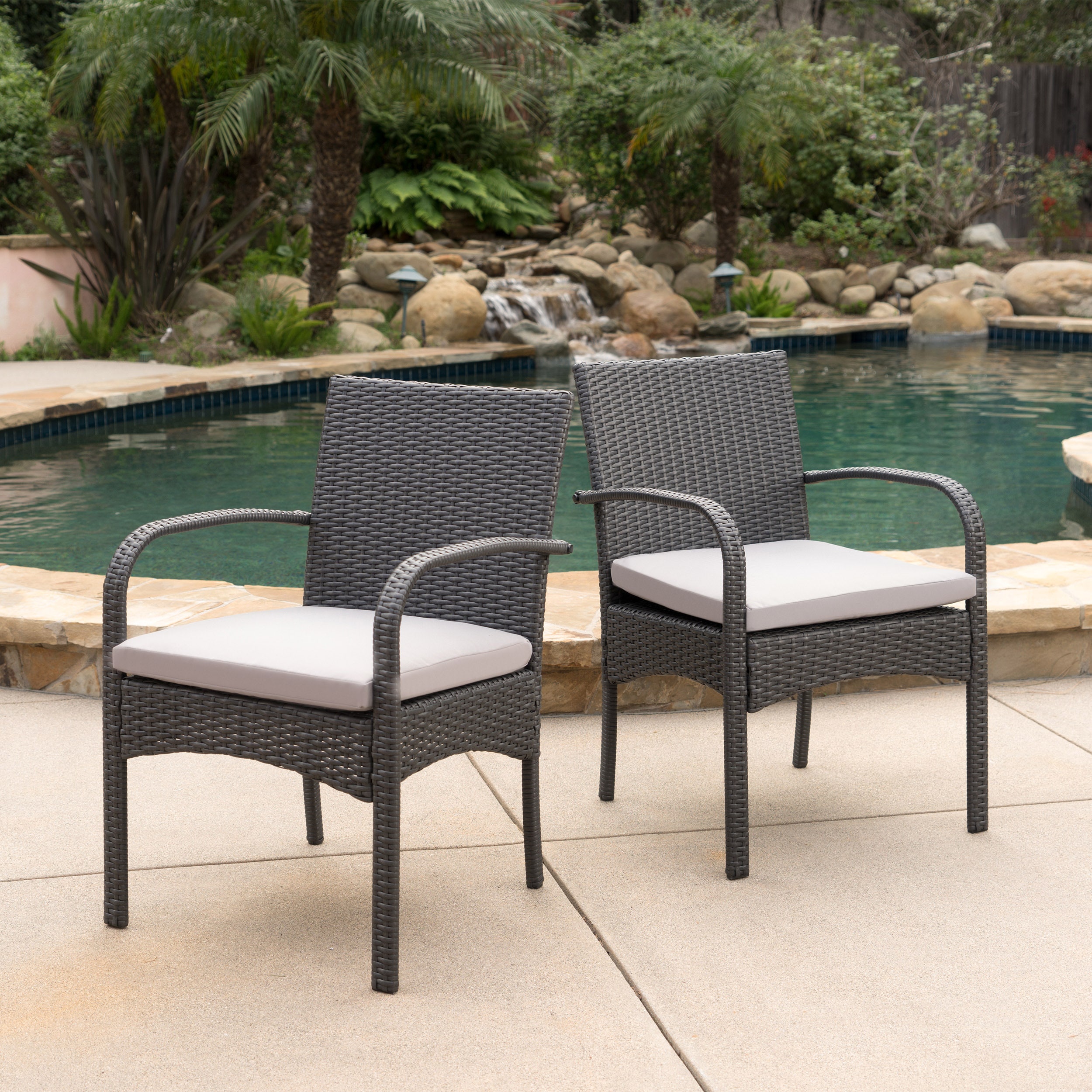 Gray Wicker Outdoor Dining Chair Set with Cushions