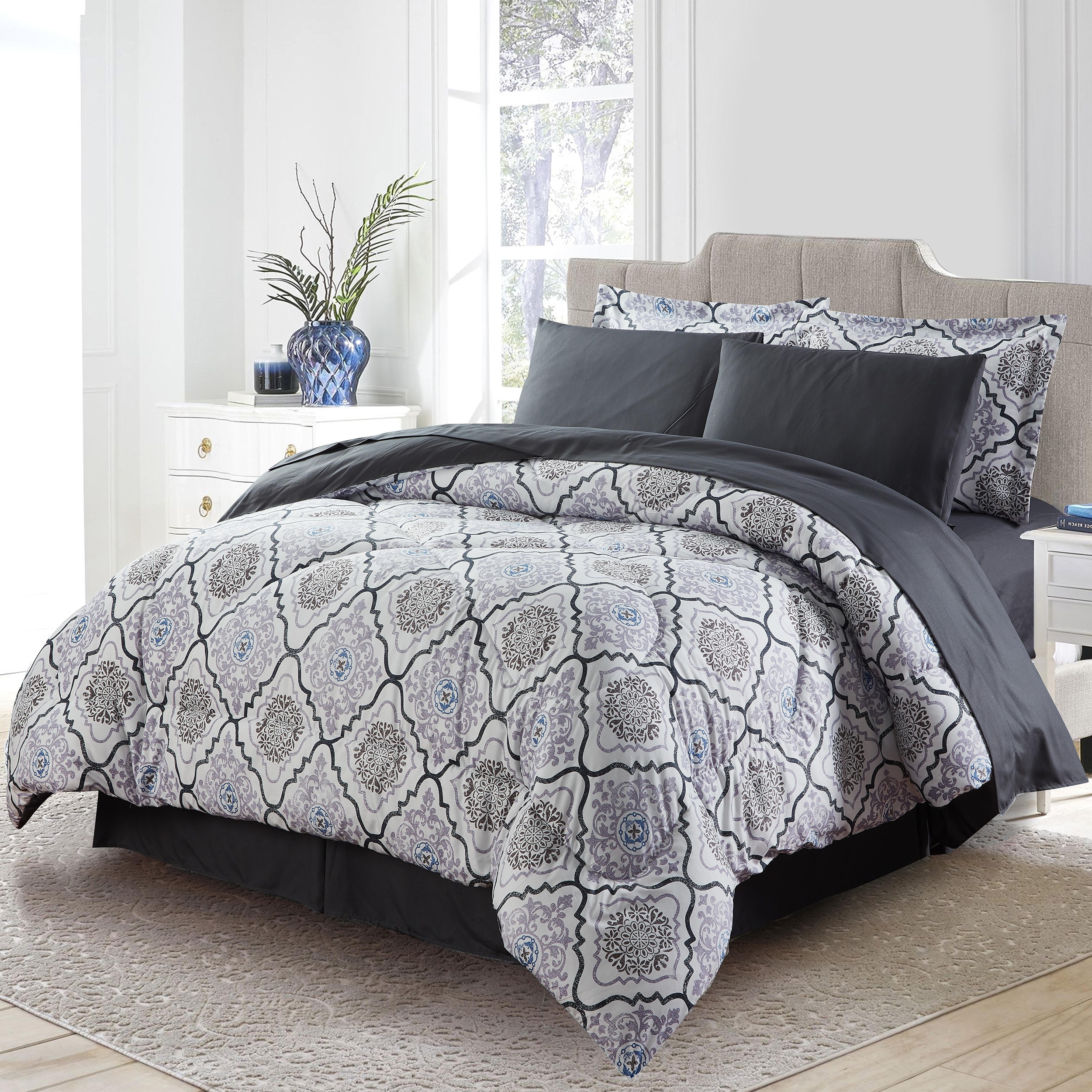 Bibb Home 8 Pc Down Alternative Comforter Set Verona Damask Queen Comforter Microfiber with ( Down Alternative Fill )