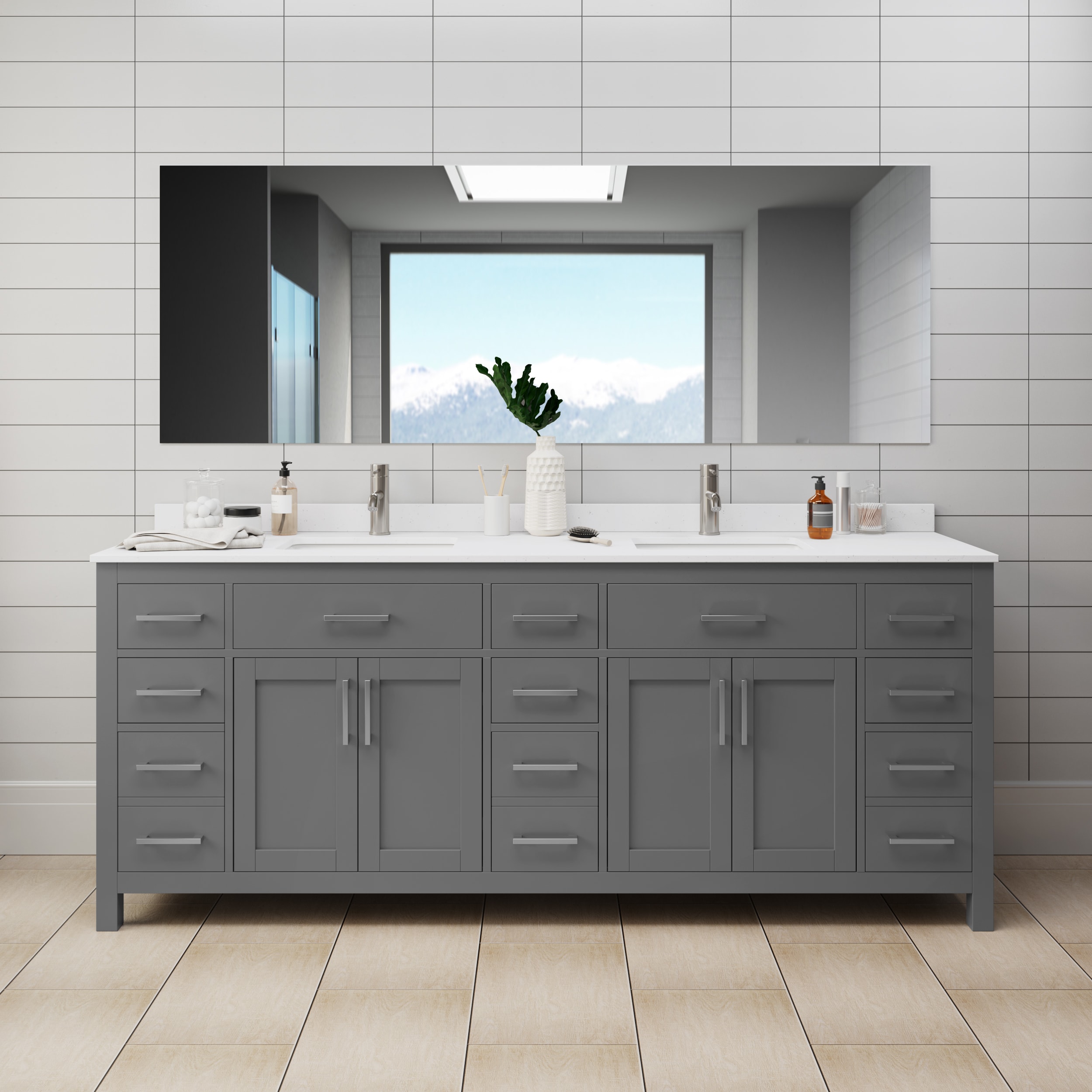 Wyndham Collection WCG242484DKGWCUNSMXX Beckett 84-in Dark Gray with Brushed Nickel Trim Undermount Double sink Bathroom Vanity with White Cultured Marble Cultured marble Top