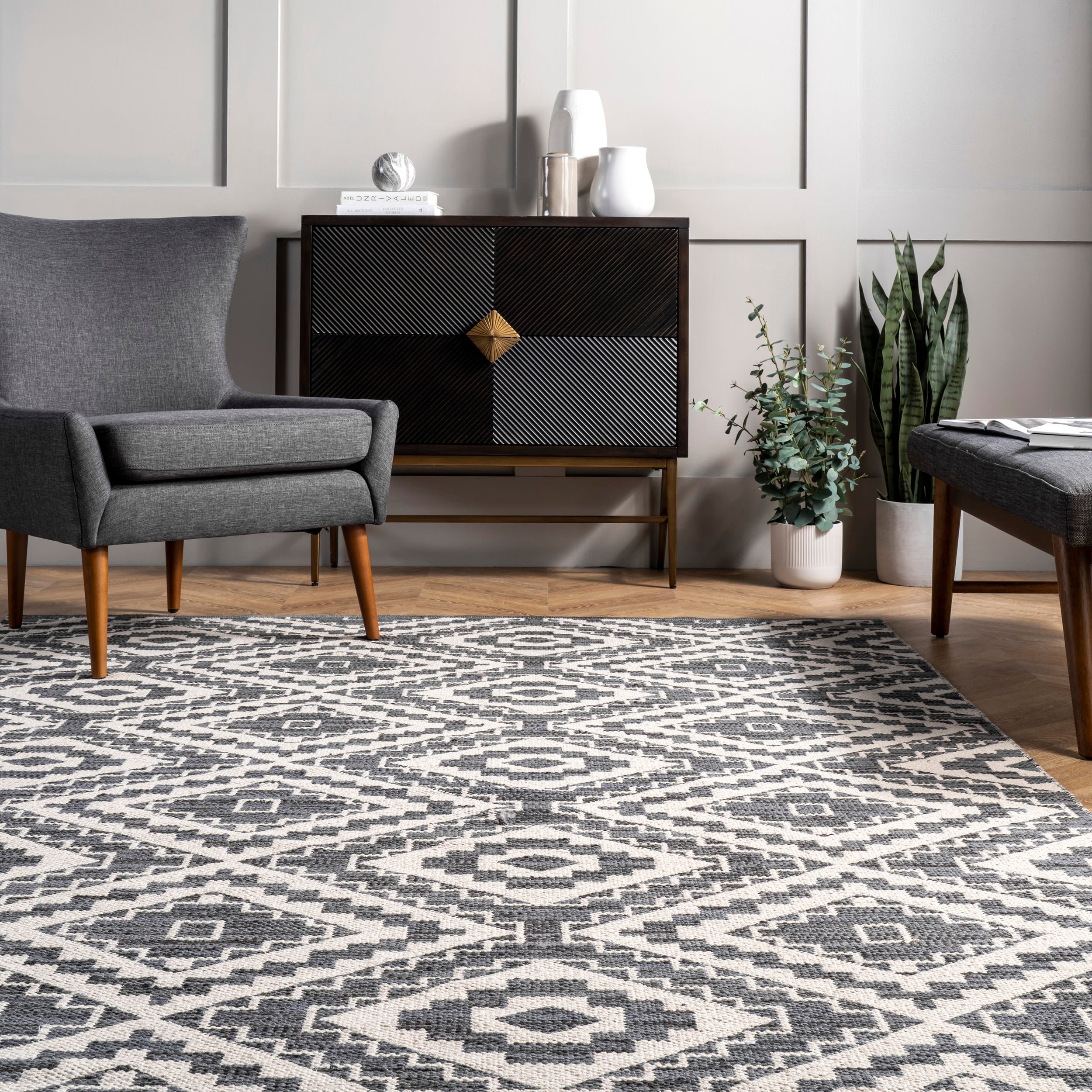 Gray and White Geometric Cotton Rectangular Area Rug, 3' x 5'