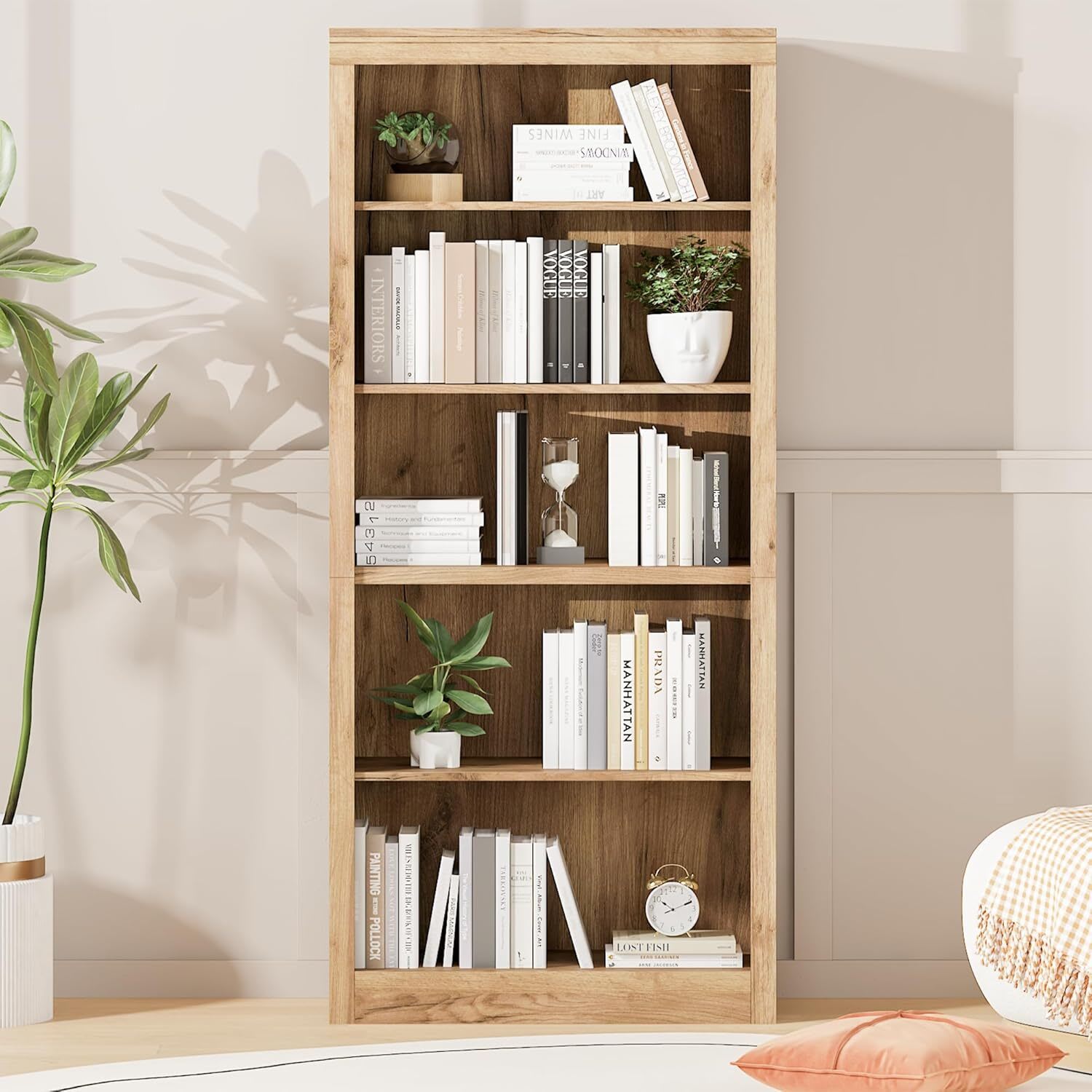 Qeetex GGL-PHK-34F6RLDF 71inch Tall Bookcase Wooden Bookshelf with 5 Tiers Open Storage Modern Book Shelf in White Floor Standing Display Shelves for Bedroom Living Room and Office Swedish Oak