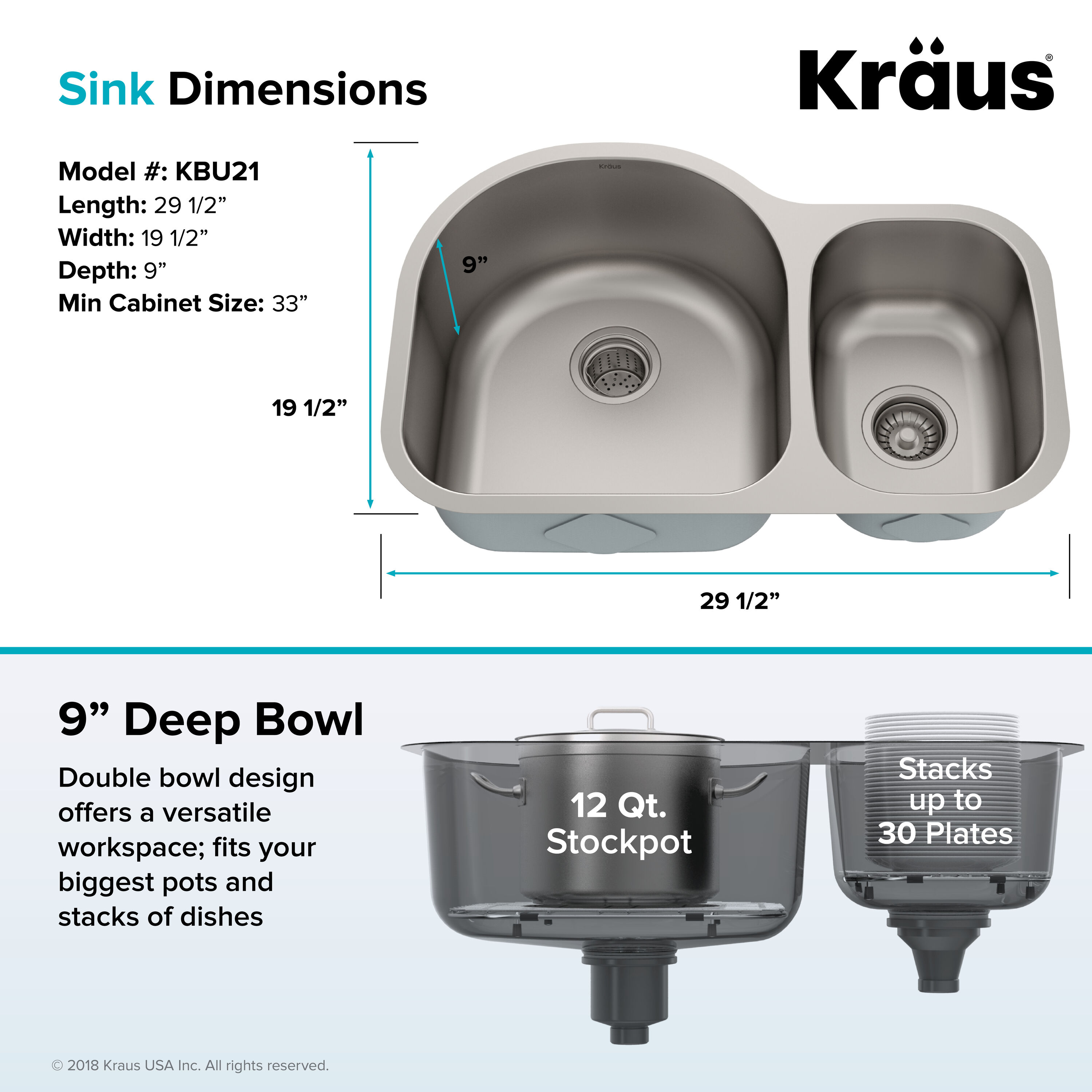 Premier 30-inch Satin Stainless Steel Undermount Double Bowl Kitchen Sink
