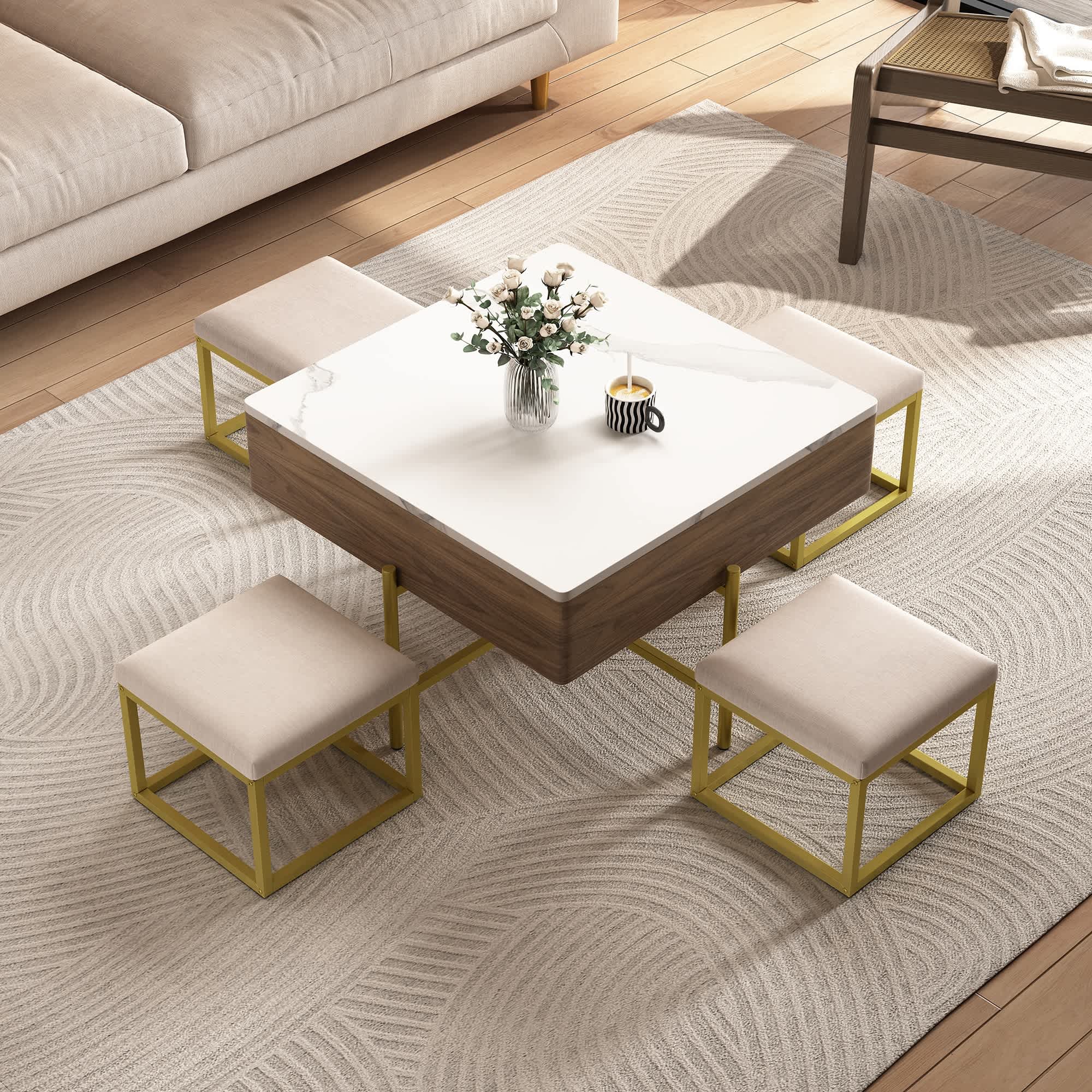 Vynxaria LEXY0470-DJJJ-BZ040 Series 31.5 in. White and Walnut Square MDF End Table with Lift-Top and 4 Ottomans