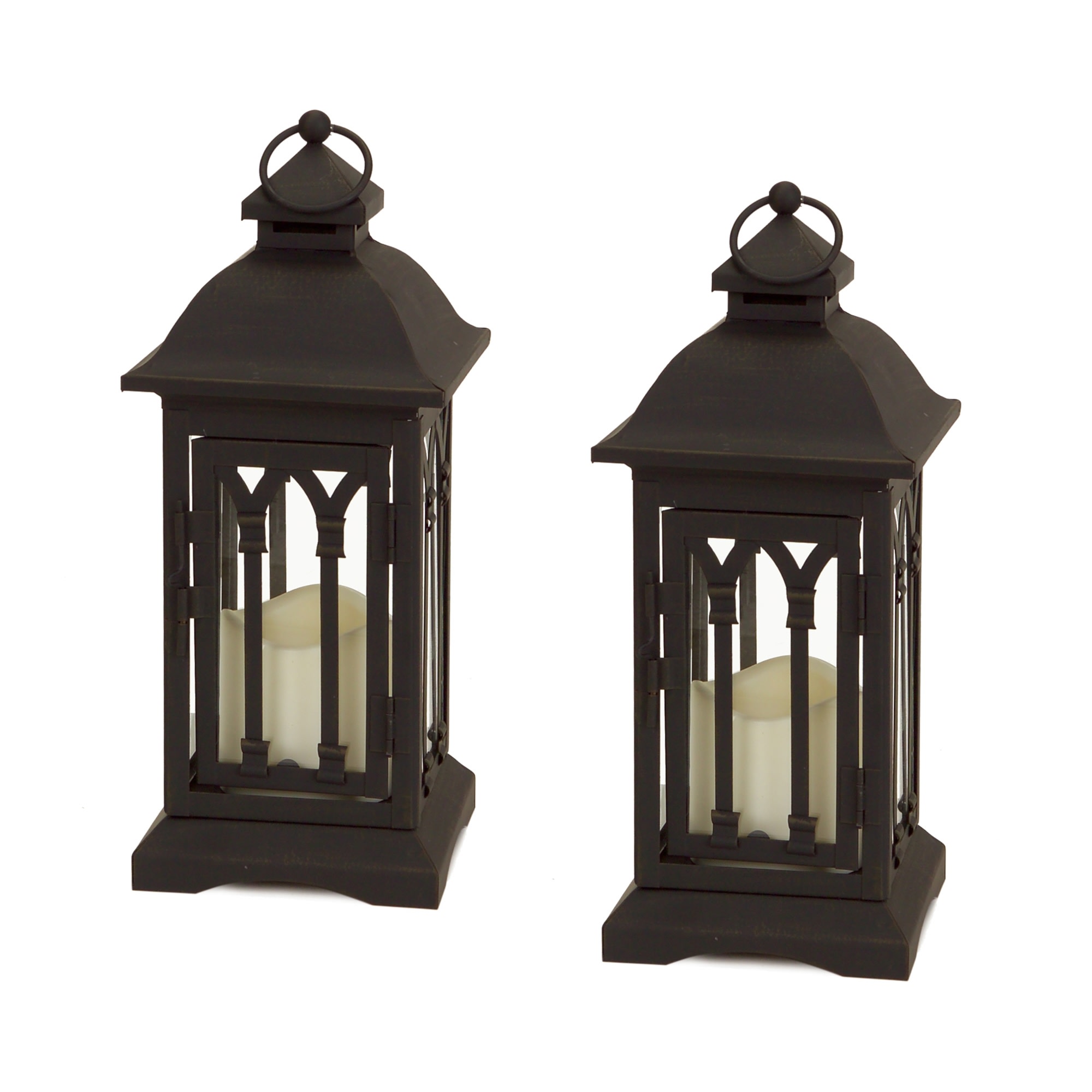 Melrose International 50209DS Lantern w/3x3 LED Candle (Set of 2) 12.25H Iron/Glass/Plastic - 2 AA Batteries Not Incld.