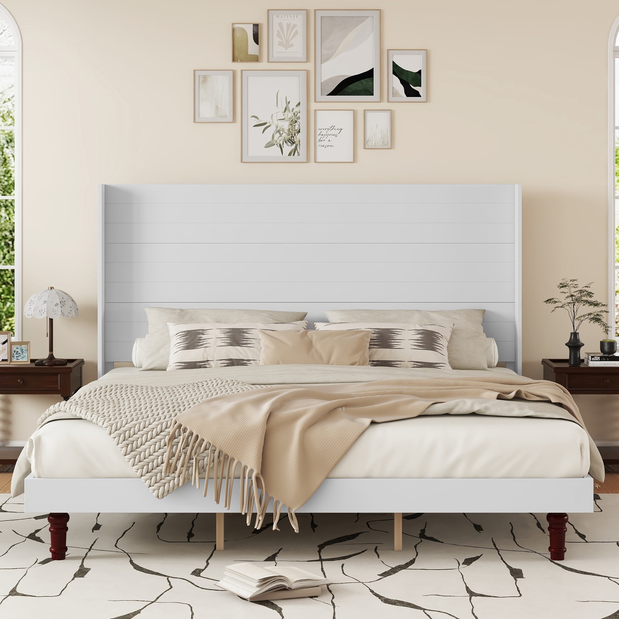 GDFStudio 324070 Stylish High Headboard Bed   54   High Headboard   High Quality   Comfortable High  Back Design Ideal for Reading or Relaxing   King Size   White