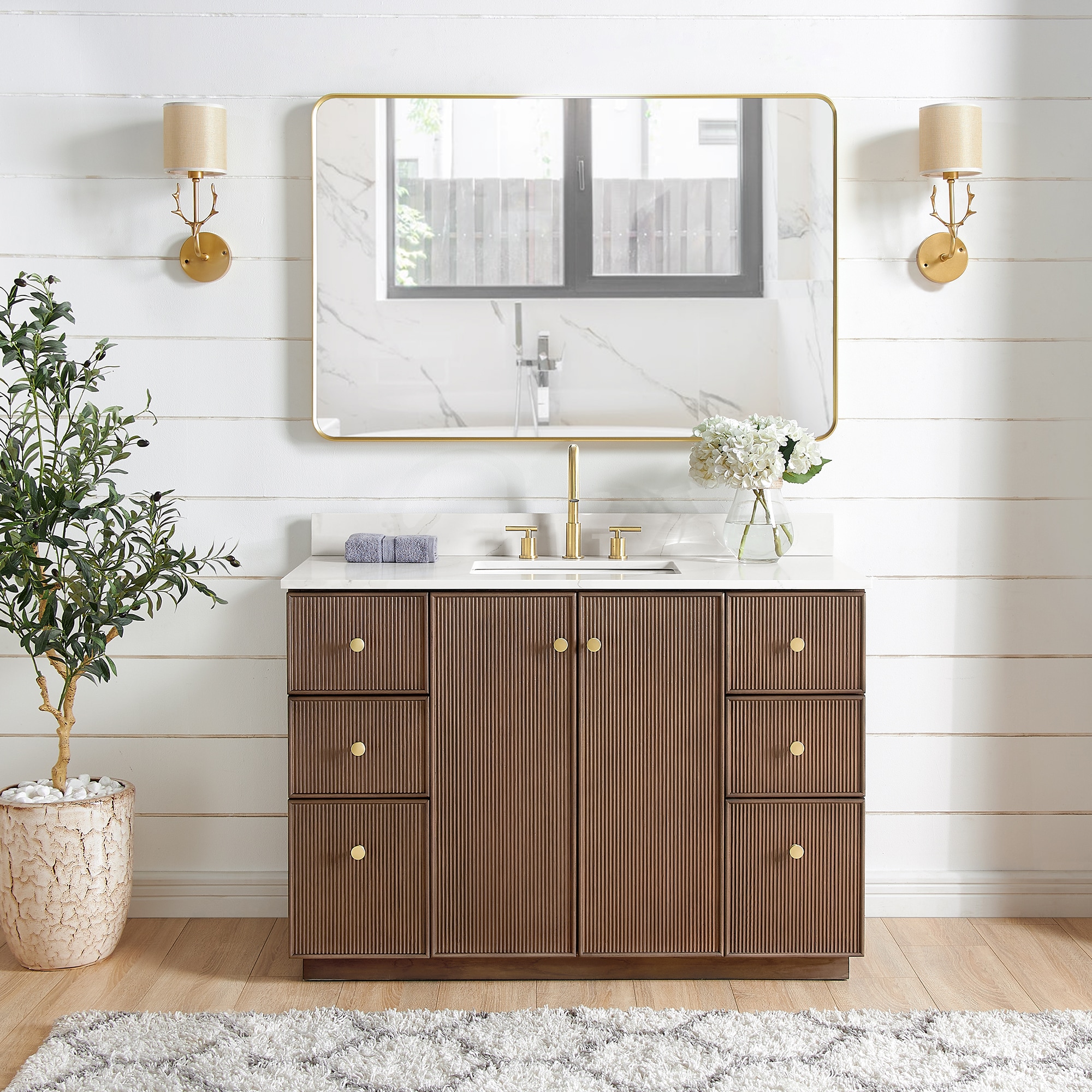 Vinnova 706948-AD-BK Oza 48-in Aged Dark Brown Oak Finish Undermount Single Sink Bathroom Vanity with Fish Maw White Quartz Engineered Stone Top (Mirror Included)