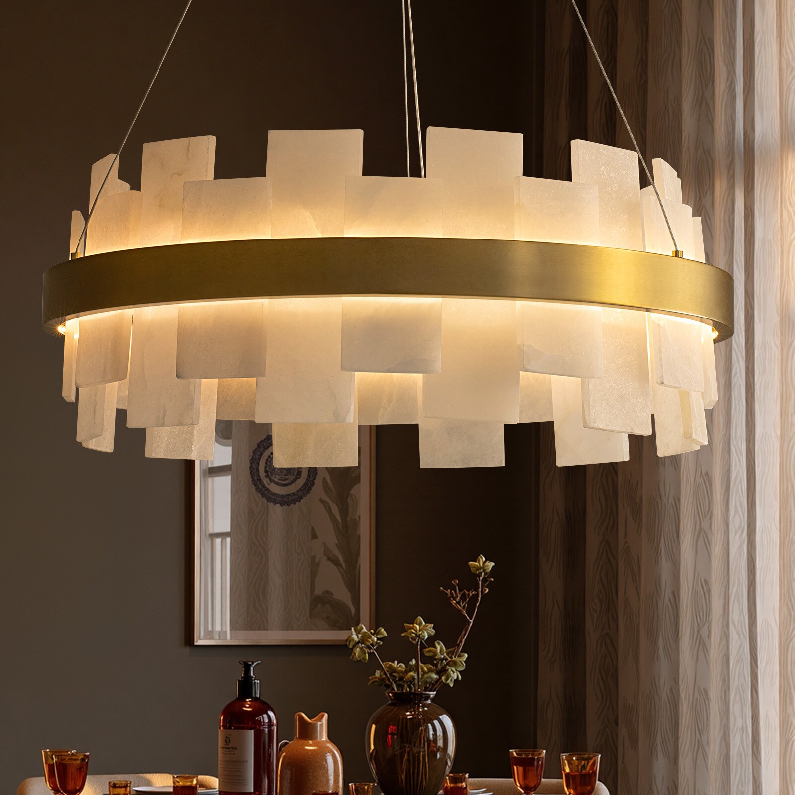 SILJOY 24-In Modern/contemporary Alabaster LED Chandelier (Brass Brame + Integrated LED Lighting) for Use in Bedrooms Dining Rooms Foyers Kitchens Living Rooms