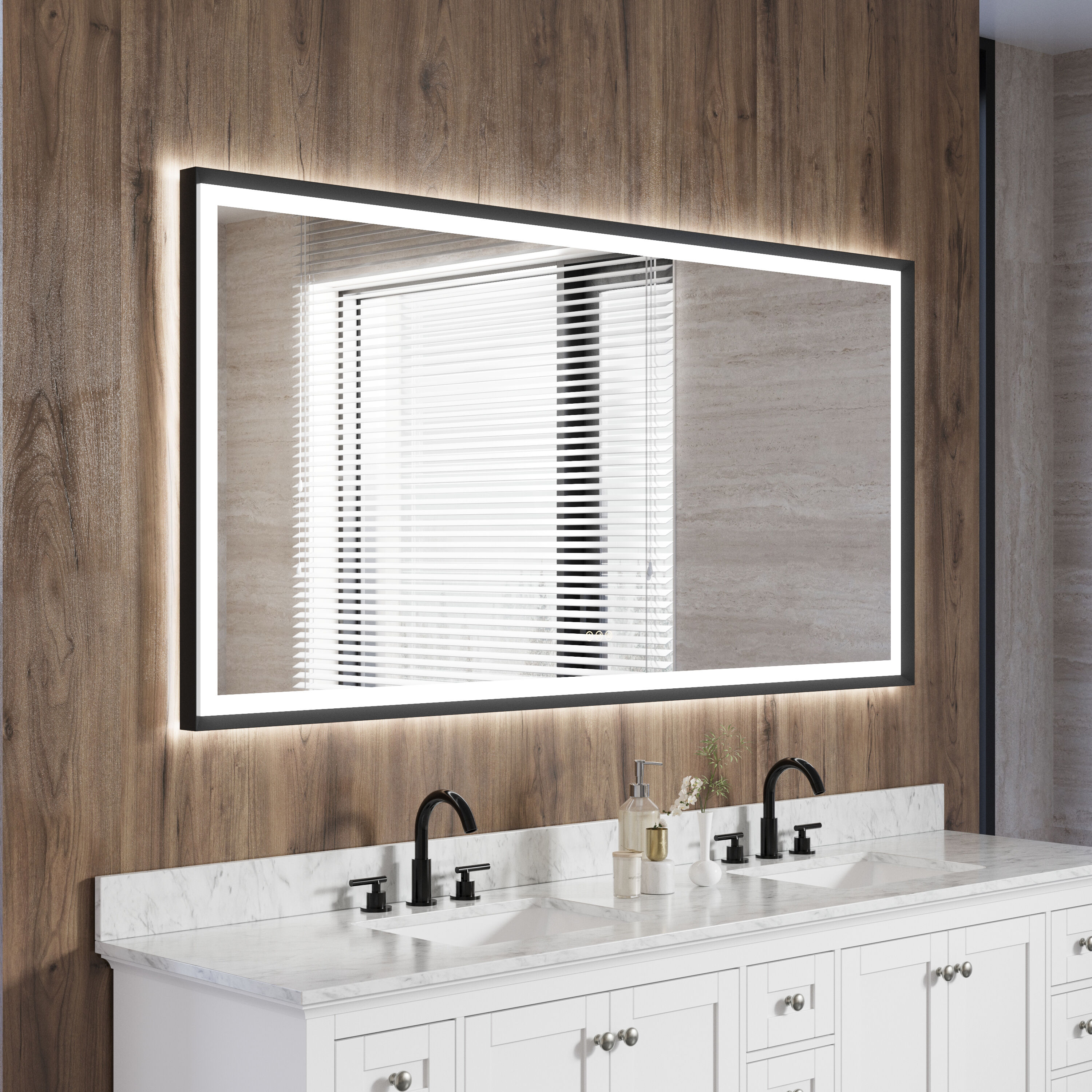 Forclover MRE-6F7236MB 72-in x 36-in Framed Rectangle Dimmable LED Lighted Fog Free Bathroom Vanity Mirror ( Black )