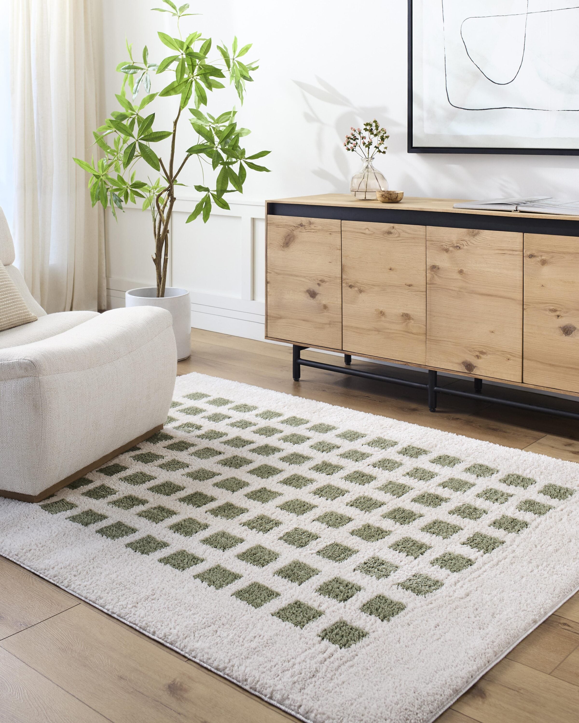 Livabliss FSG2320-679 Fossay Shag 6 x 9 (ft) Flatweave Polyester Light Beige/ Grass Green Rectangular Indoor Mid-Century Modern Machine washable Area rug