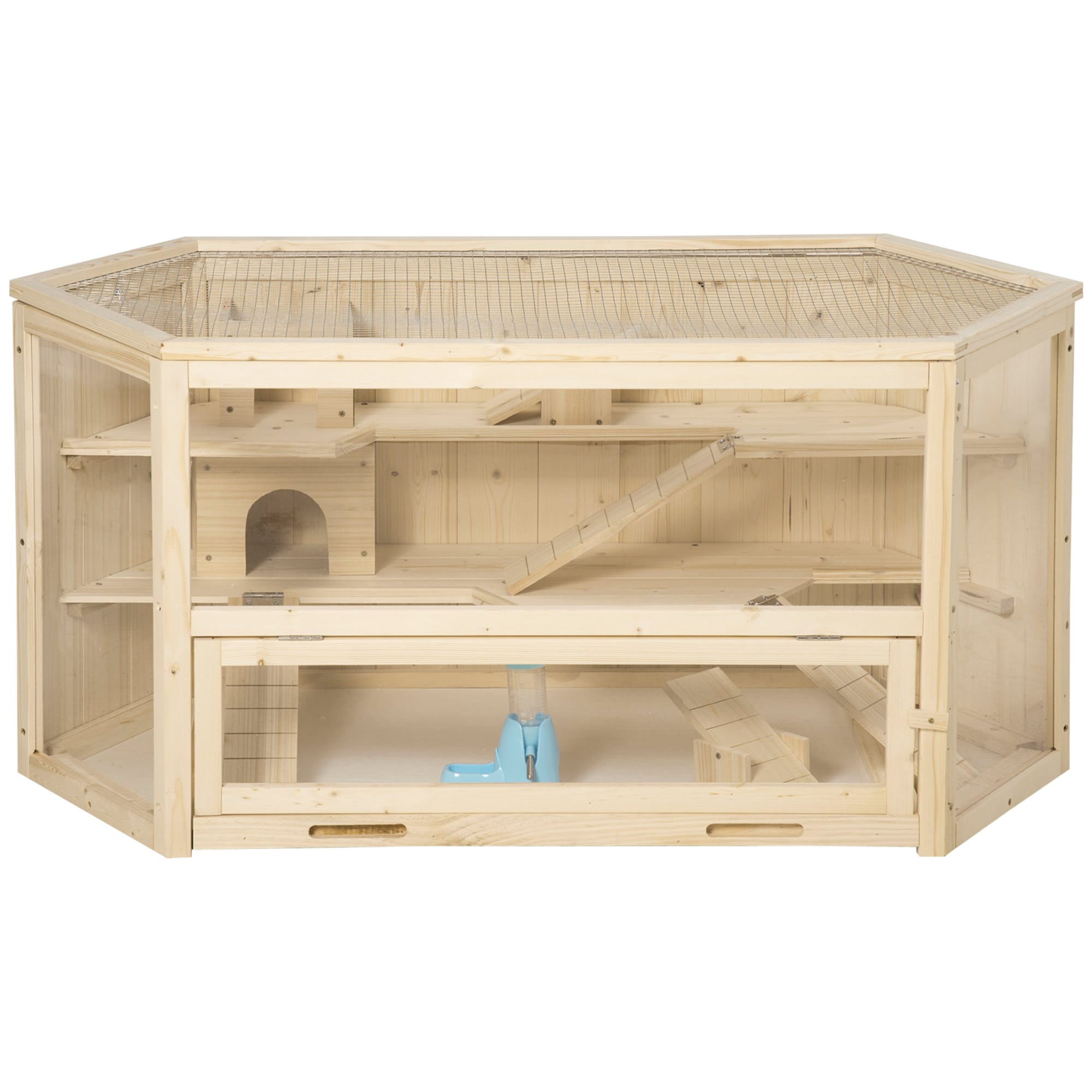 PawHut D51-082V00ND Wooden Large Hamster Cage Small Animal Exercise Play House 3 Tier with Tray Seesaws Water Bottle Activity Center Natural