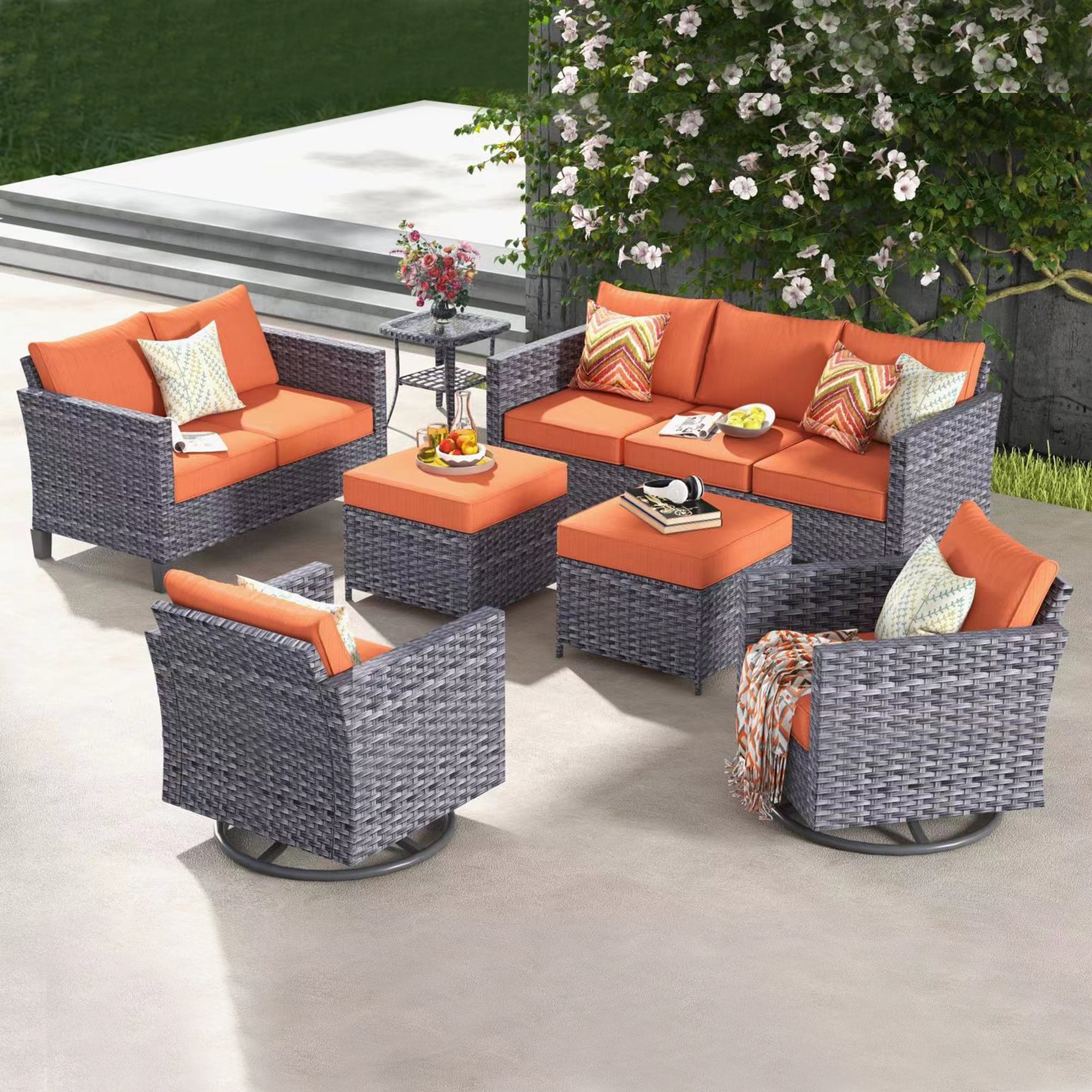 Ovios LRS800-7Y 7 -Piece Wicker Patio Sofa Conversation Set with Orange Cushions