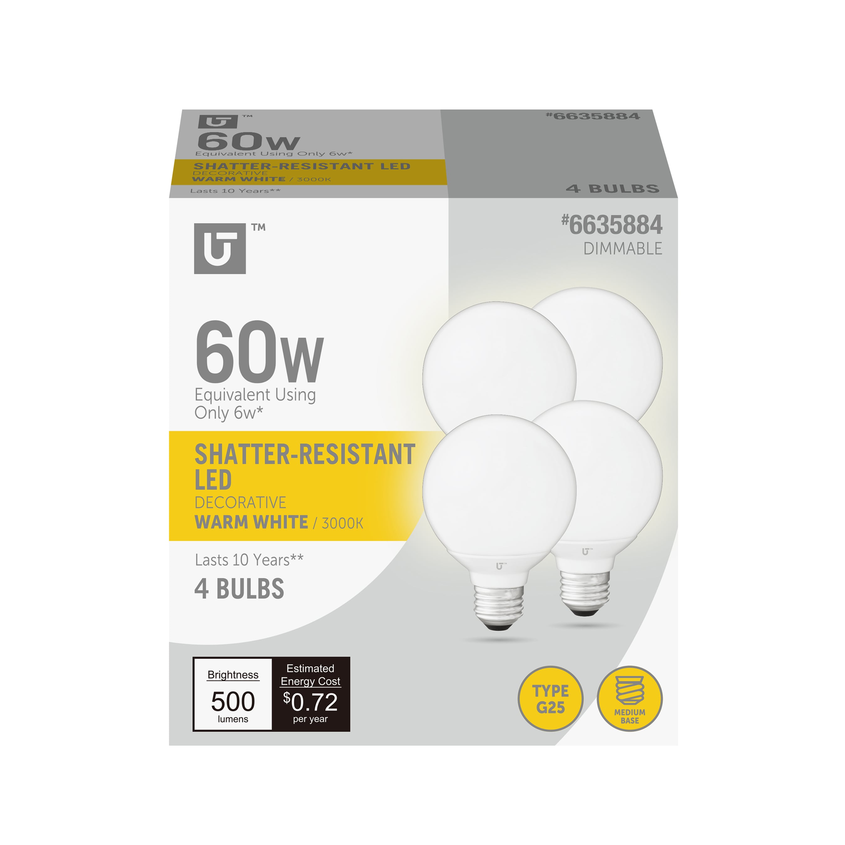 Utilitech L8G25DG6W30K4PK Led light bulb 60 -Watt EQ G25 Warm white Screw bases Dimmable LED Decorative Light Bulb 4 -Pack