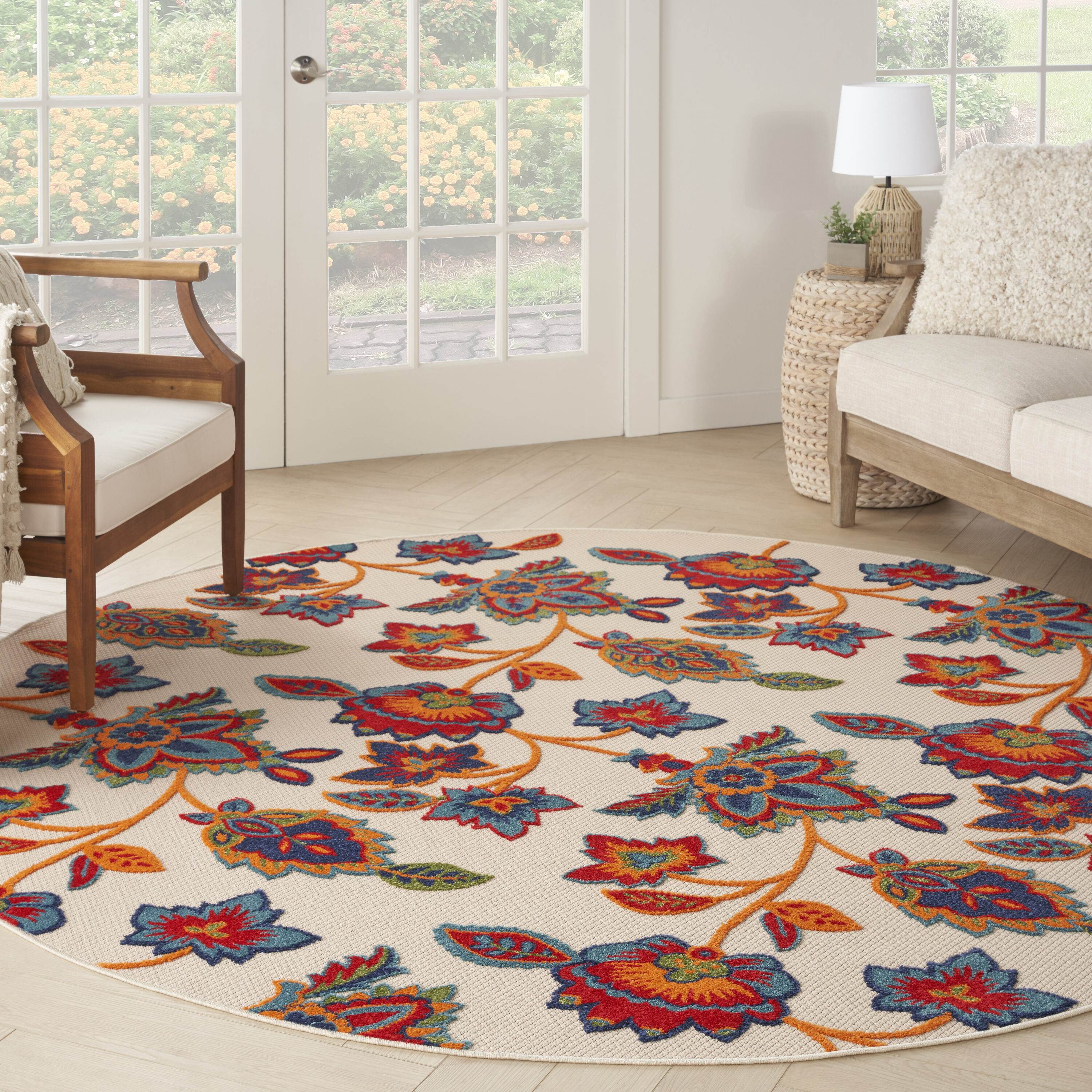 Nourison 099446169334 Aloha 8 x 8 (ft) Loomed Polypropylene Multicolor Round Indoor/Outdoor Floral/Botanical Area rug
