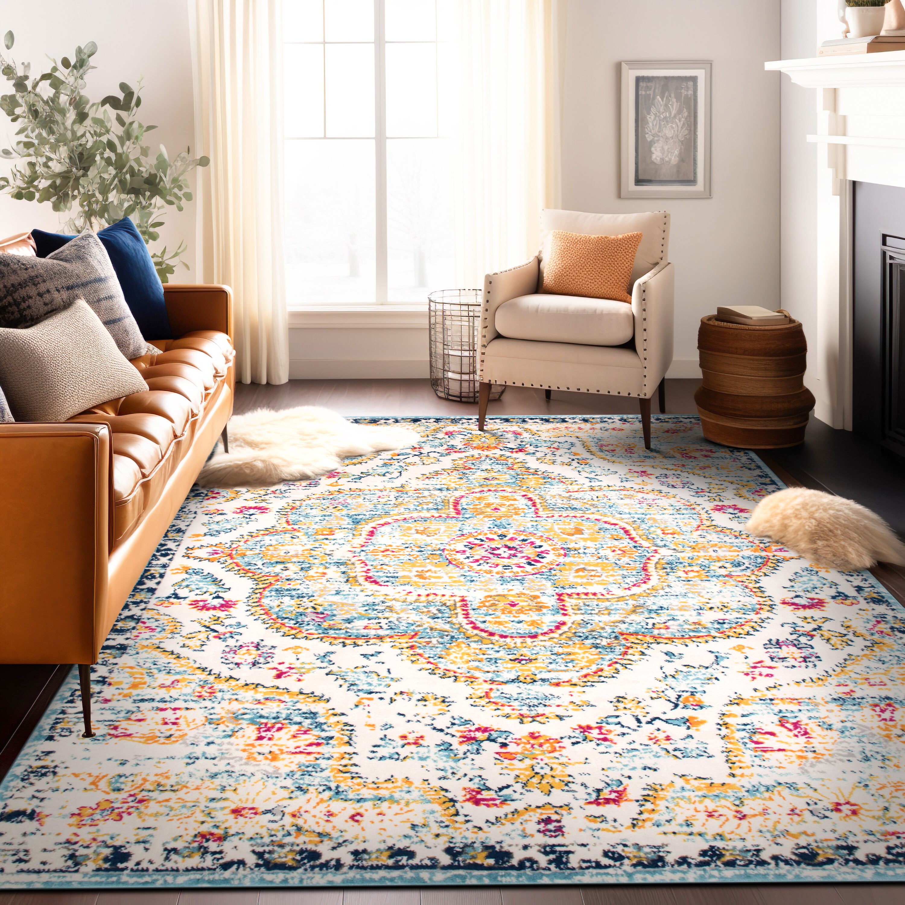 Bohemian Blue and Multicolor Distressed Vintage Area Rug 5' x 7'