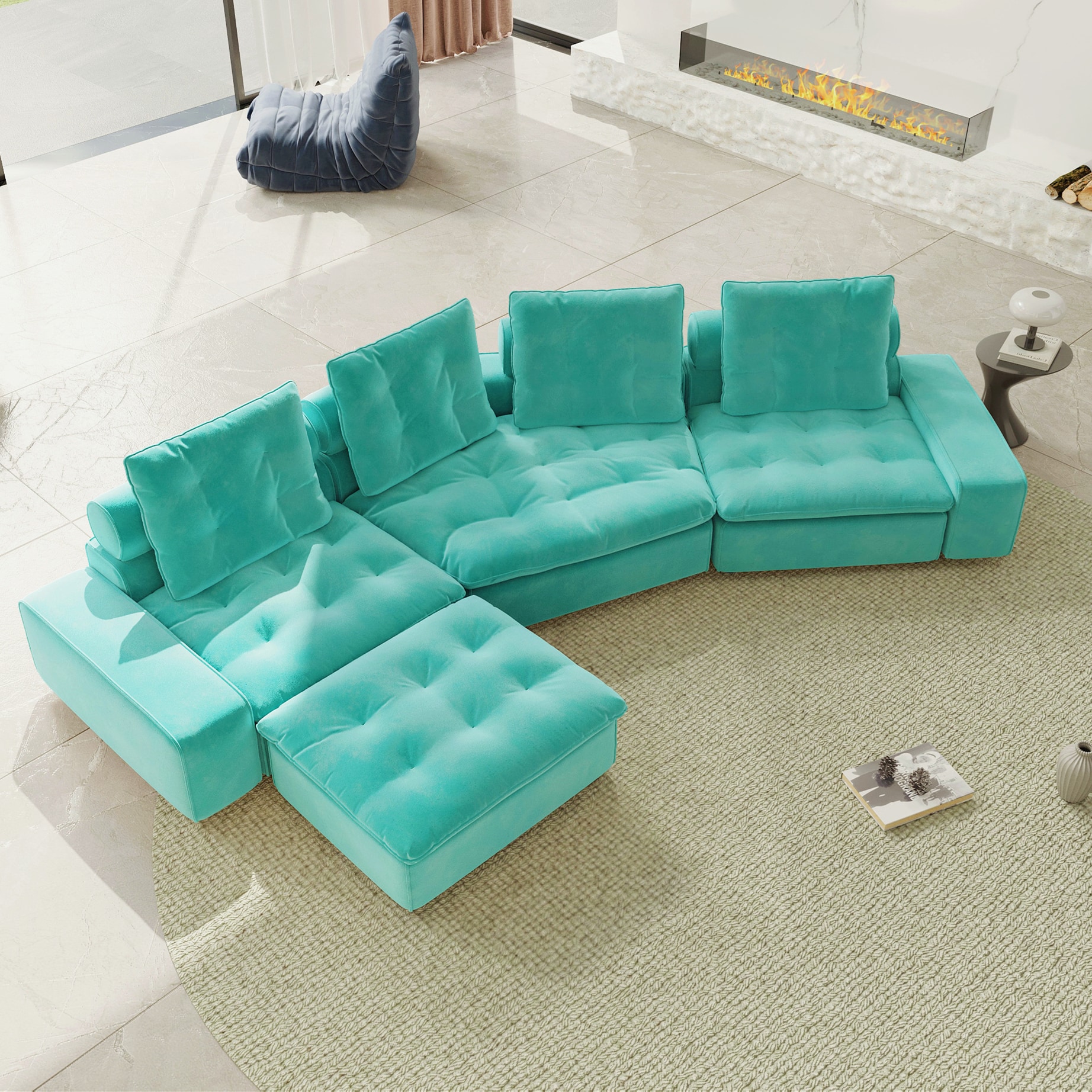 BuotiqHom DH-CF3+1-136TB 175-in Modern Tiffany Blue Velvet 4 -seater Sectional