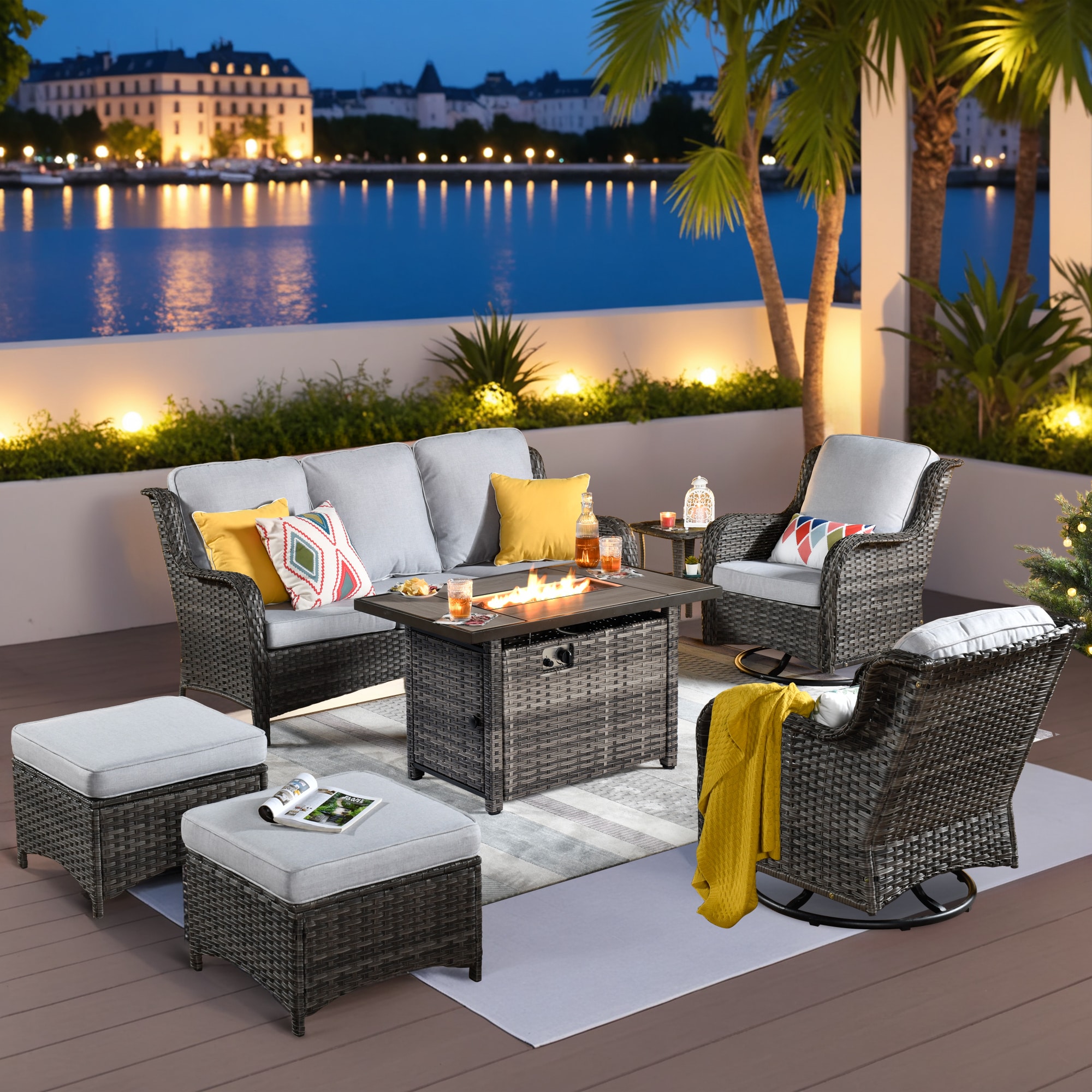 Ovios RFP-GTC406Y 7 -Piece Wicker Patio Sofa Conversation Set with Light Gray Cushions