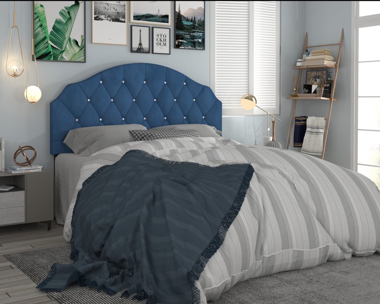 Home Design - Blue Queen Velvet Upholstered Headboard