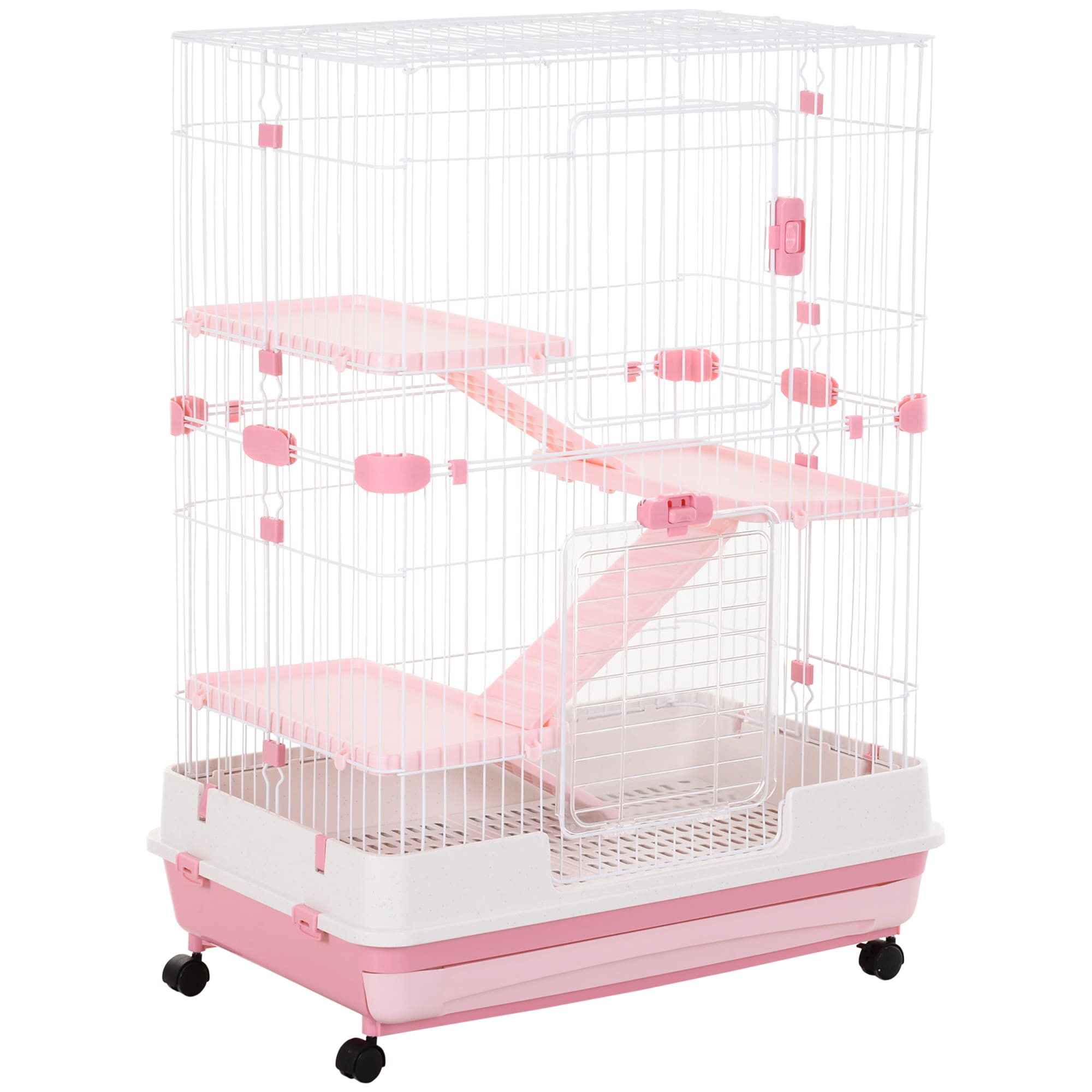 PawHut D51-095PK 4-Level Small Animal Cage Rabbit Hutch with Wheels Removable Tray Platform and Ramp for Bunny Chinchillas Ferret Pink