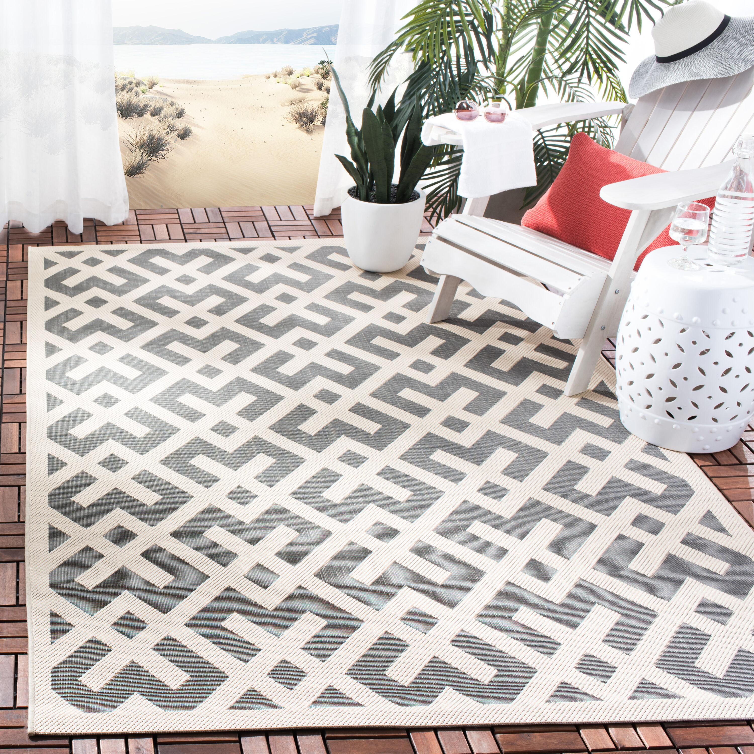 Safavieh CY6915-236-4 Courtyard Chateau 4 x 6 (ft) Loomed Polypropylene Gray/Bone Rectangular Indoor/Outdoor Geometric Coastal Area rug