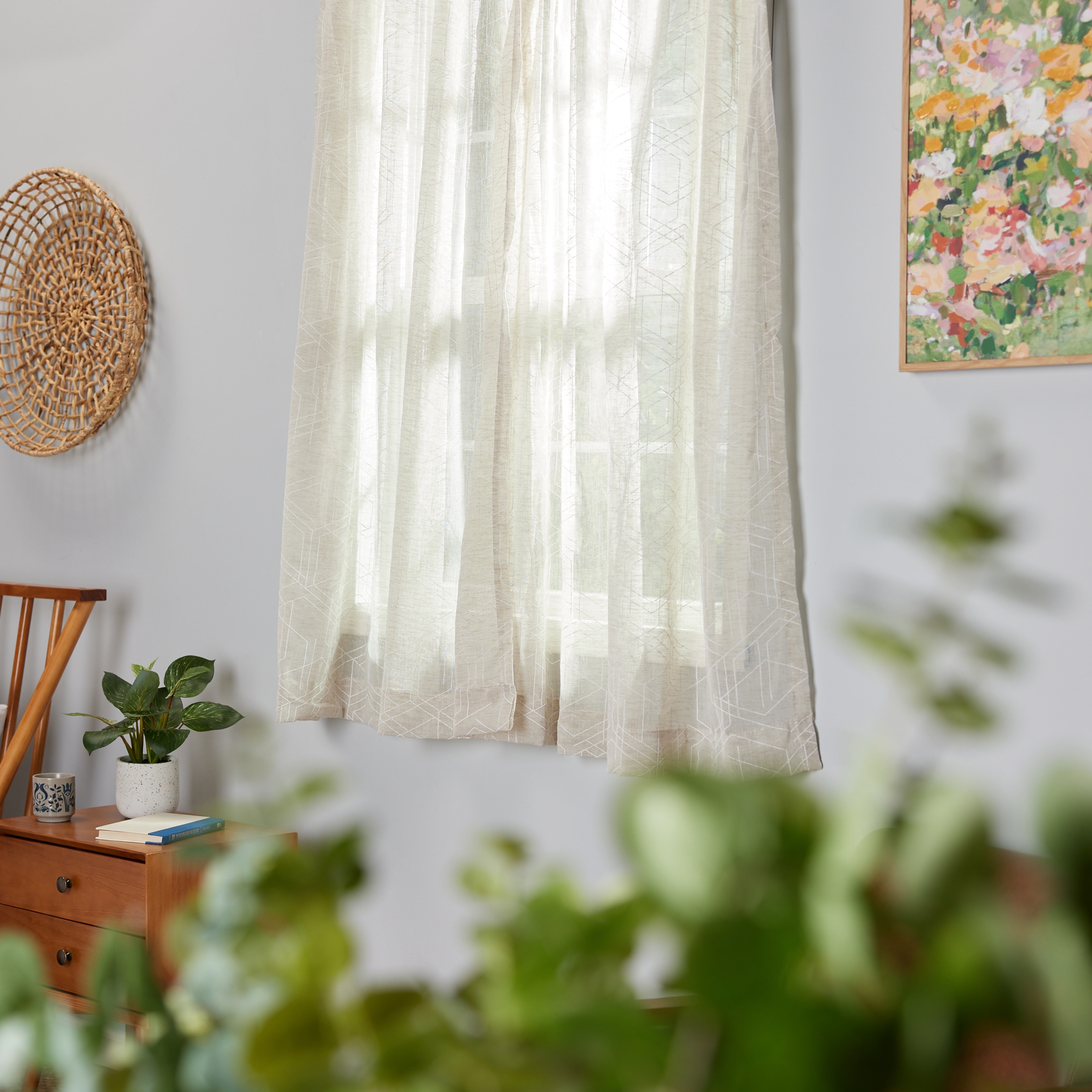 Origin 21 4140863 63-Inches Linen Geometric Light filtering Top tab Single curtain panel