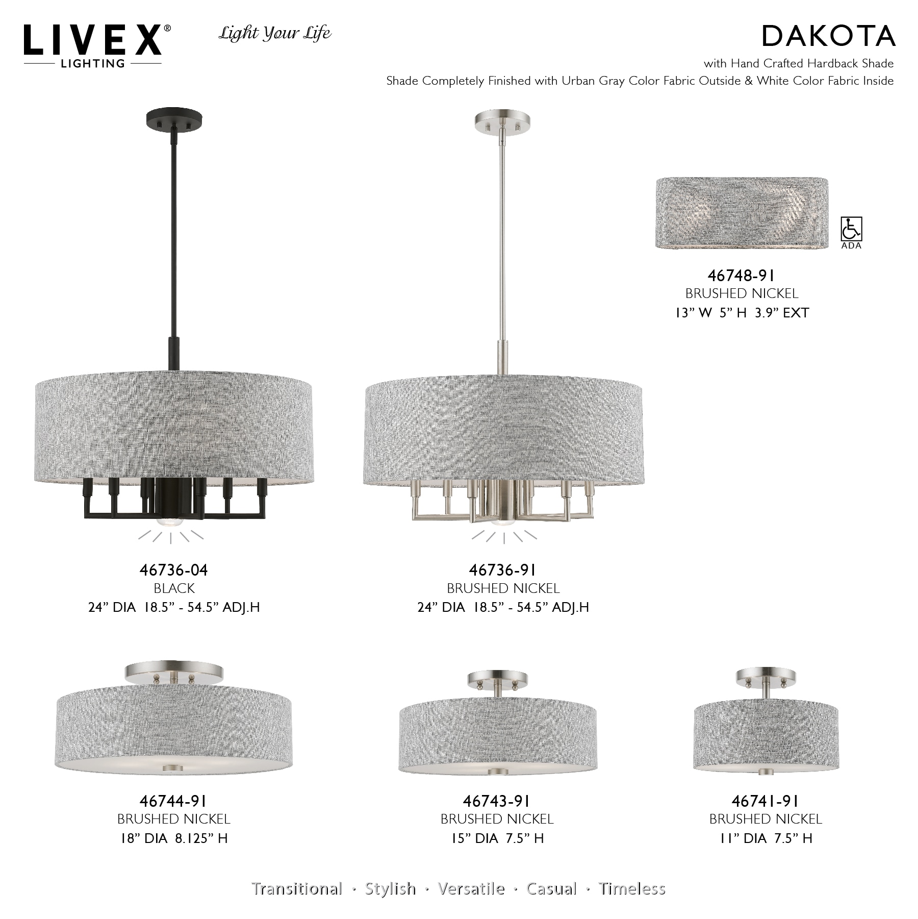 Dakota Brushed Nickel 4-Light Semi-Flush Mount with Urban Gray Shade