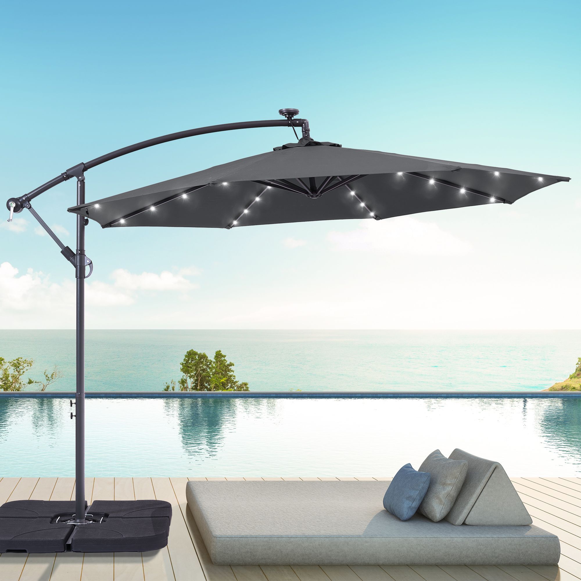 Sonkuki SD-R10A-LED 10-Feet Steel Gray No-tilt Offset Patio Umbrella with Lights and