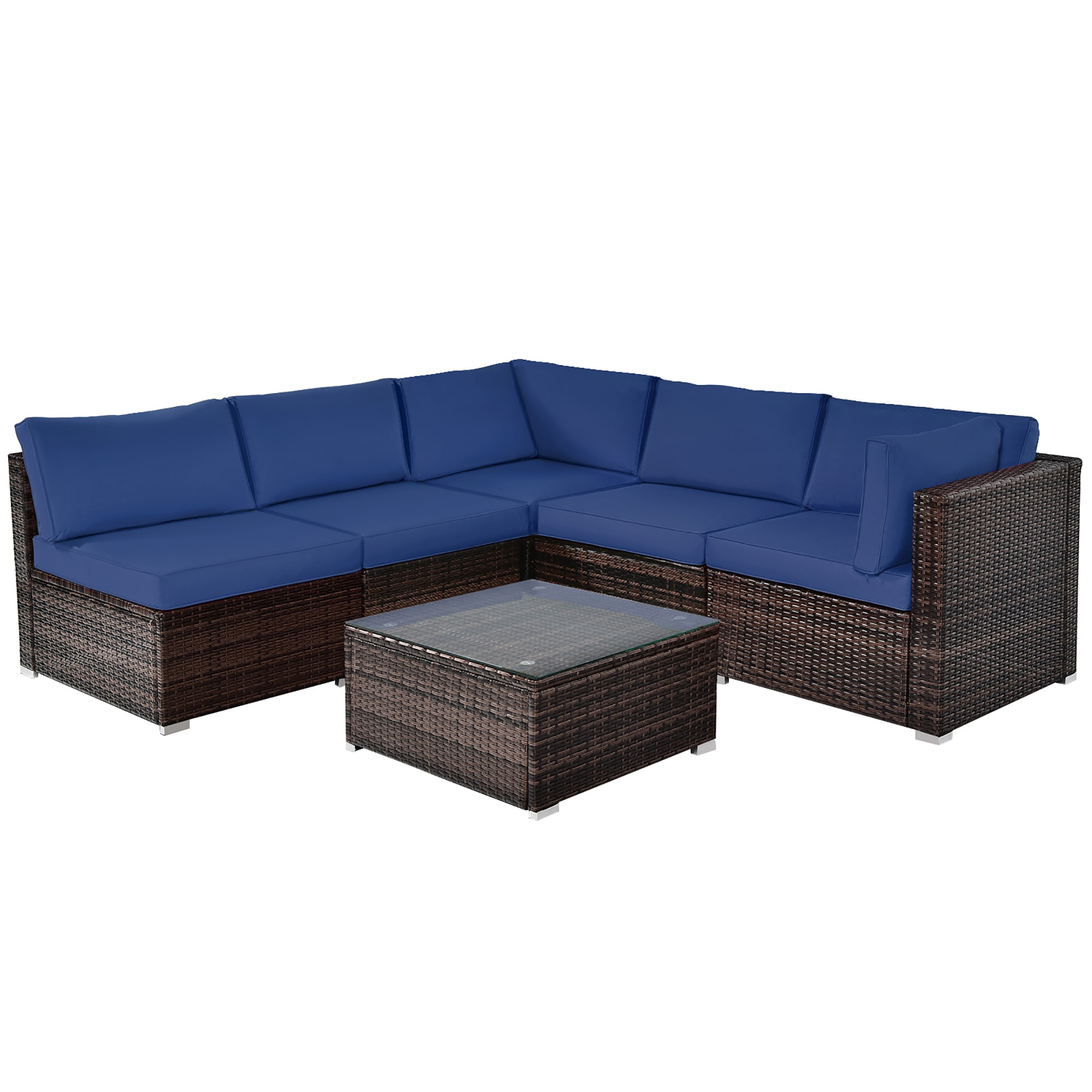 Costway LWS00021 6 -Piece Rattan 2 Patio Sofa Conversation Set with Blue Cushions