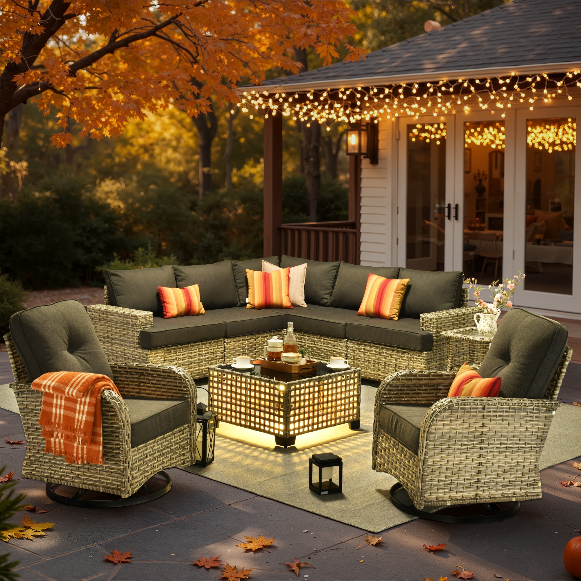 XIZZI XITBS107C3-VNCRC Agate Rattan Outdoor Sectional with Black Cushions and Rattan Frame