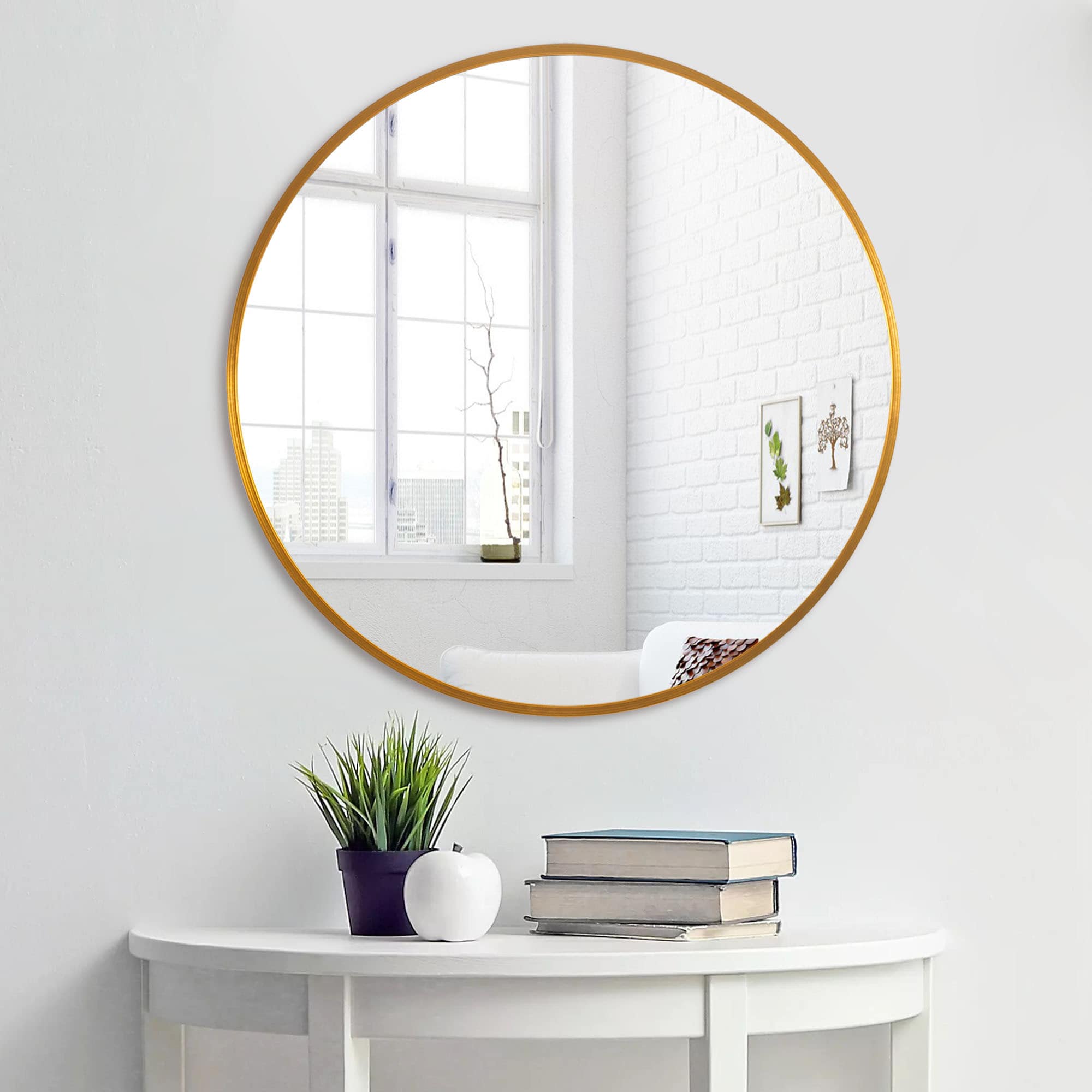 Dovelina 23.62-in W x 23.62-in H Round Gold Framed Wall Mirror in the ...