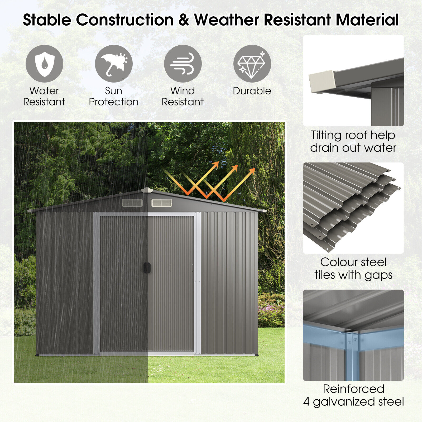 WELLFOR 8.5 ft x 6.8 ft Gray Galvanized Steel Gable Metal Storage Shed ...