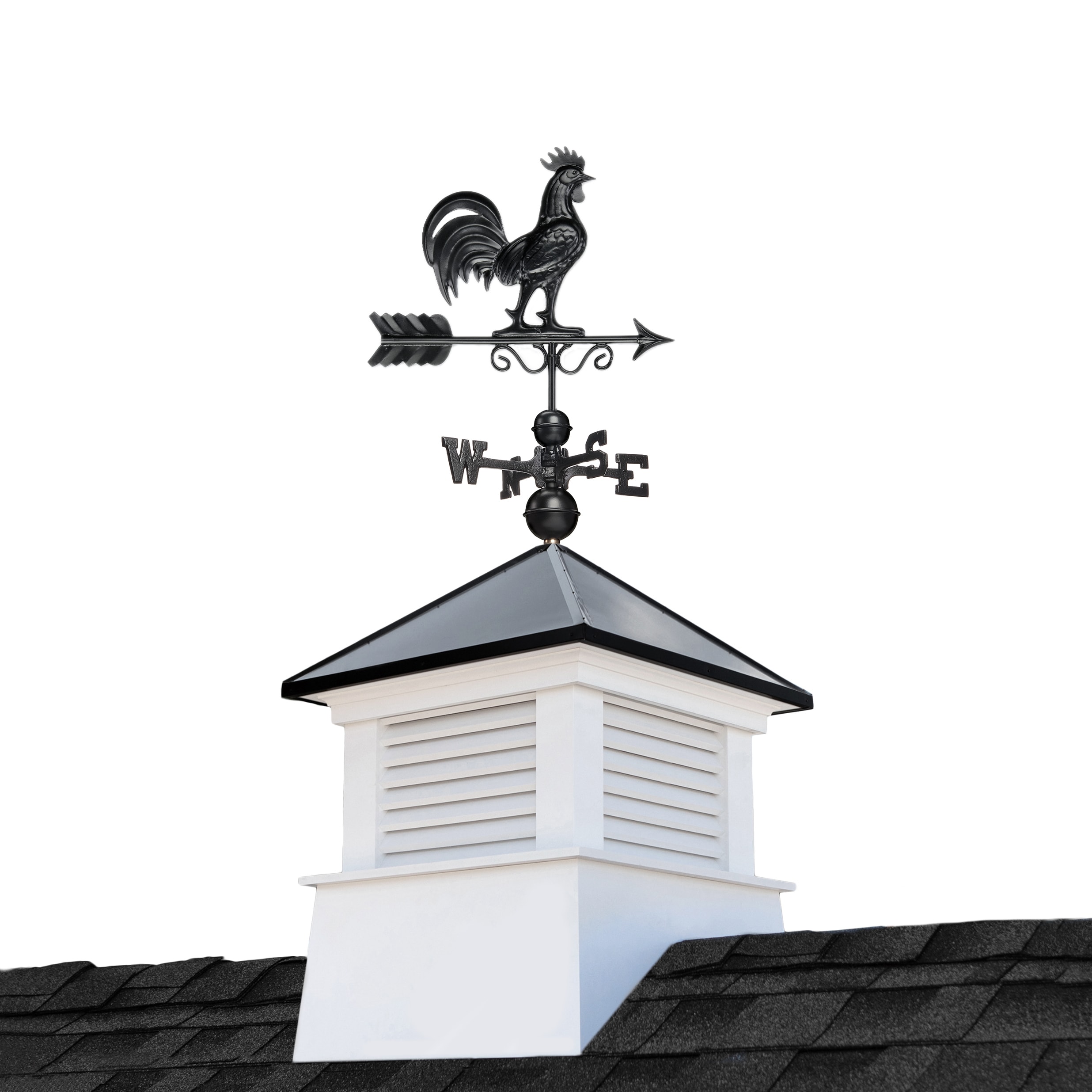 Good Directions 2126MVBLK-1975K Manchester Cupola with Black Rooster Weathervane 26-in x 59-in White Vinyl Cupola with Black aluminum Roof
